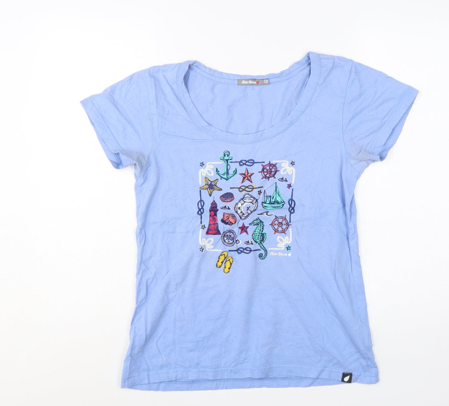 Peter Storm Women's Blue Nautical Embroidered Cotton T-Shirt Size 12