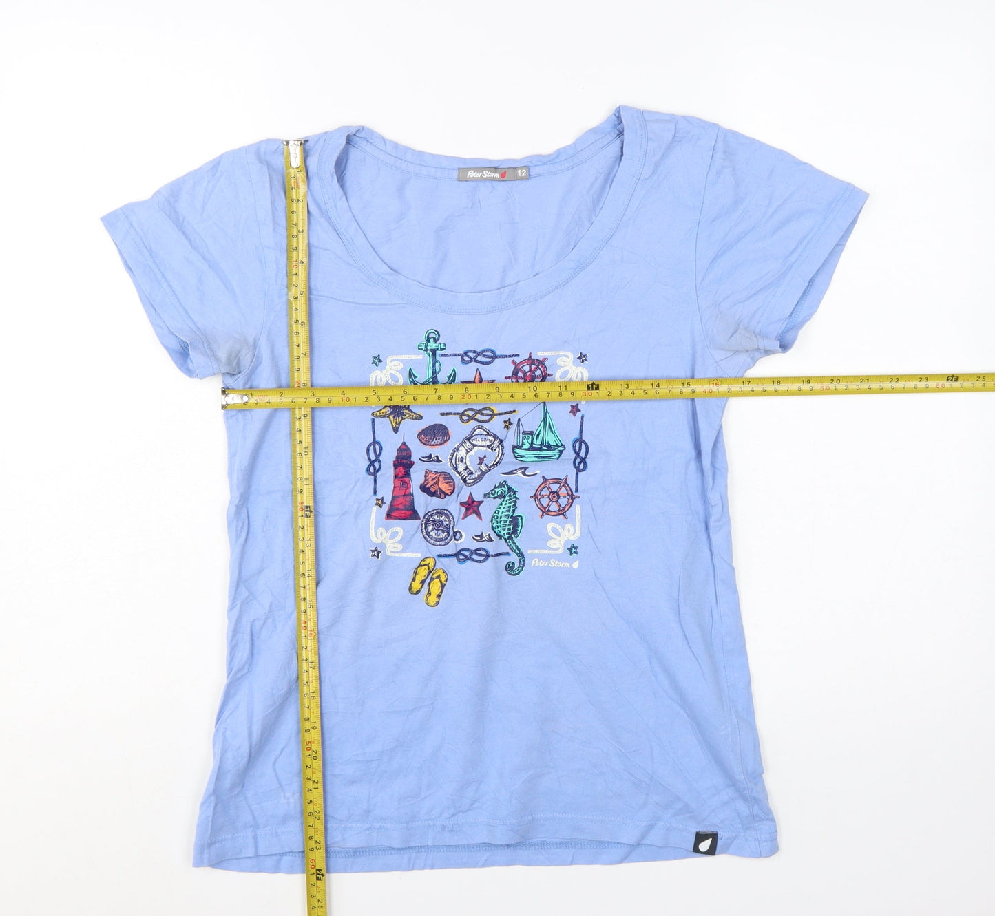 Peter Storm Women's Blue Nautical Embroidered Cotton T-Shirt Size 12