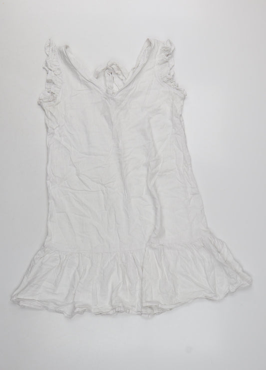 Next Women White Linen Blend Ruffle Sleeveless Shift Dress Size 10