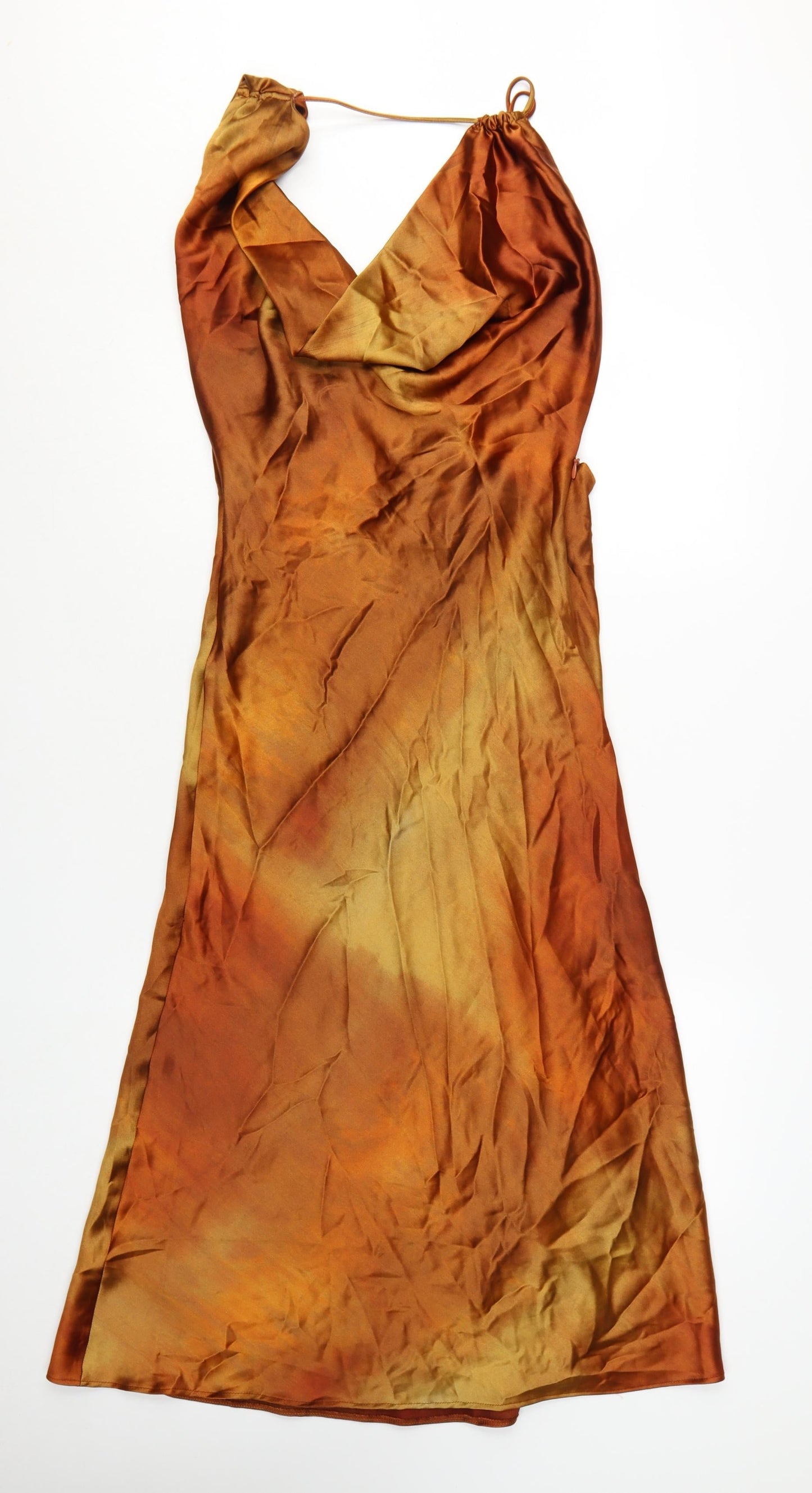 Zara Women Brown Tie Dye Slip Dress Size S Midi Cowl Neck Summer Party