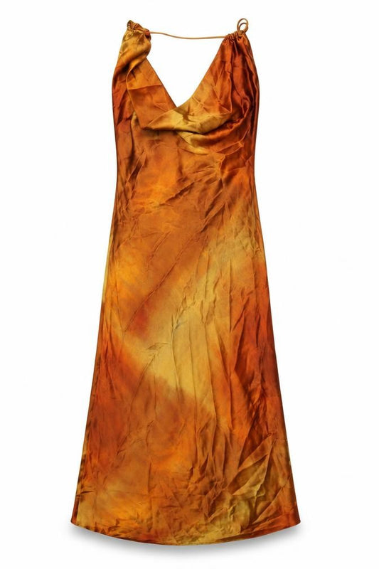 Zara Women Brown Tie Dye Slip Dress Size S Midi Cowl Neck Summer Party
