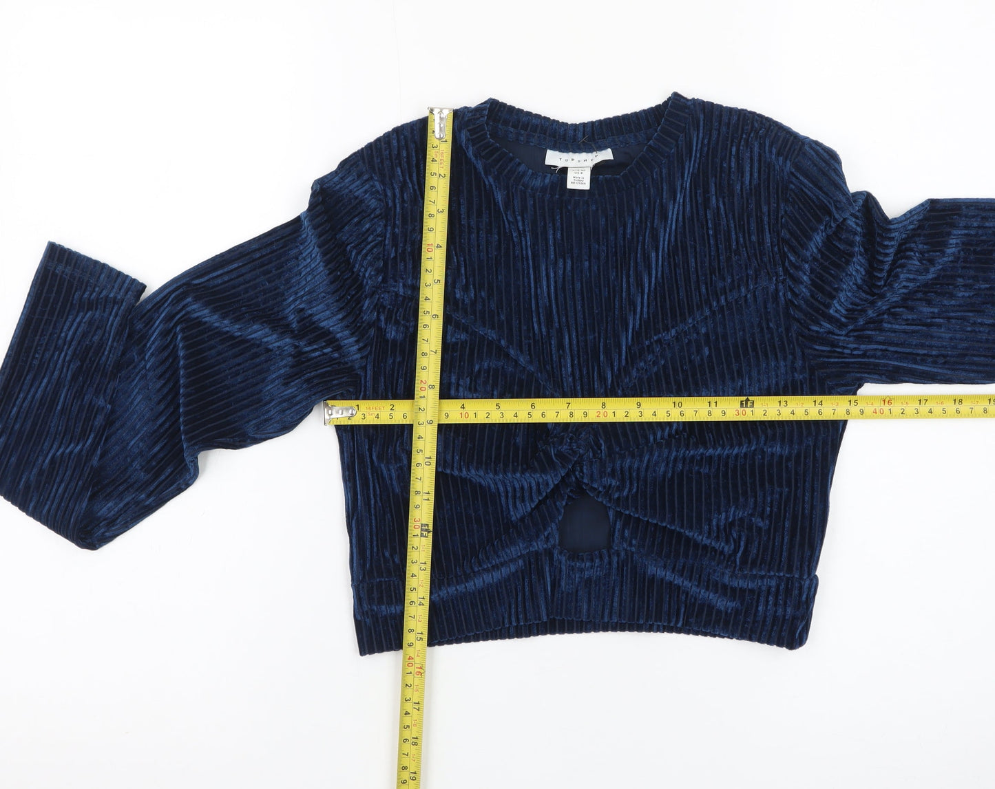 Topshop Women's Blue Velvet Cropped Long Sleeve Blouse UK 12