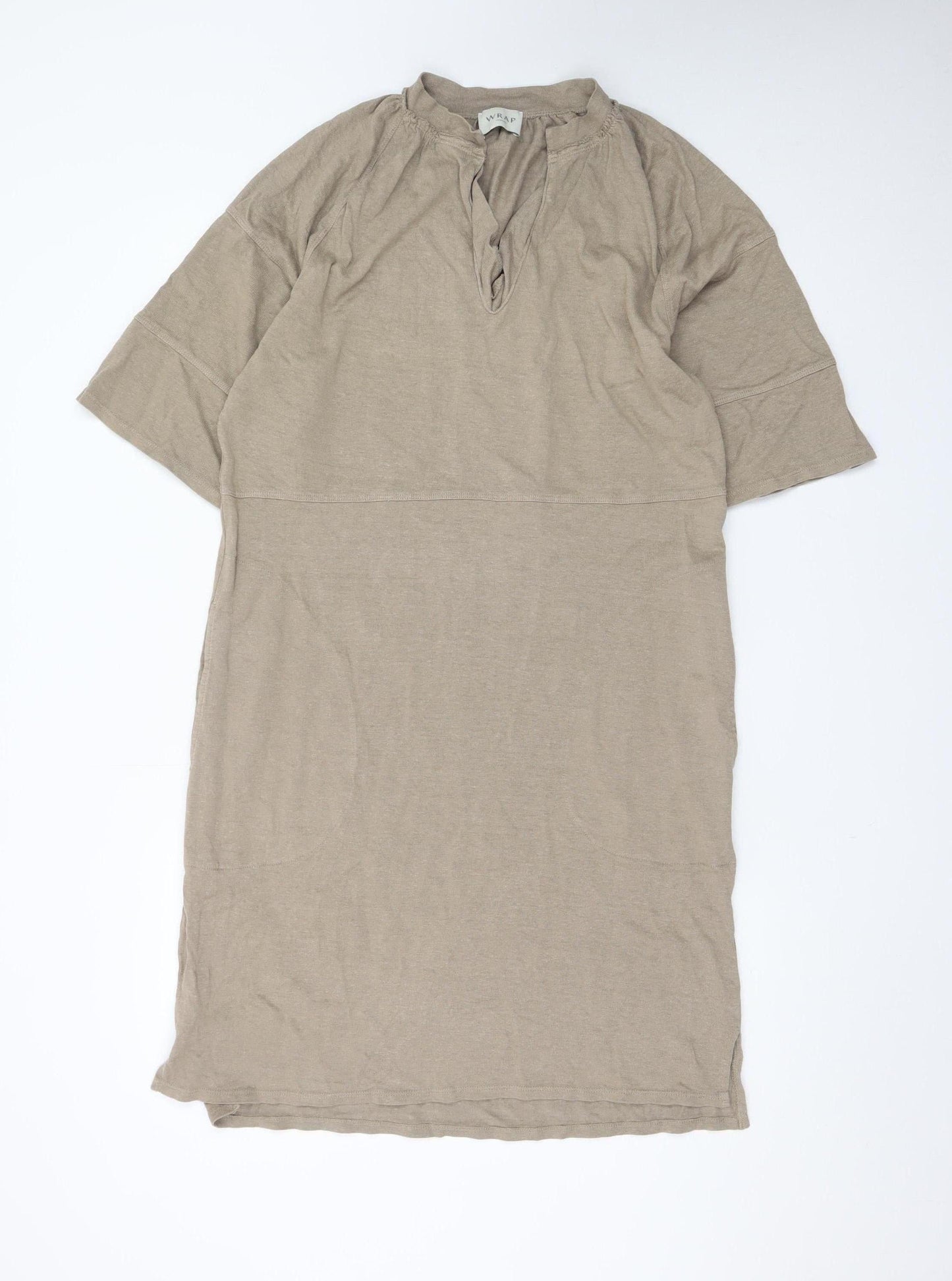 Wrap London Women Beige Midi Shift Dress UK 12 Hemp Cotton Summer
