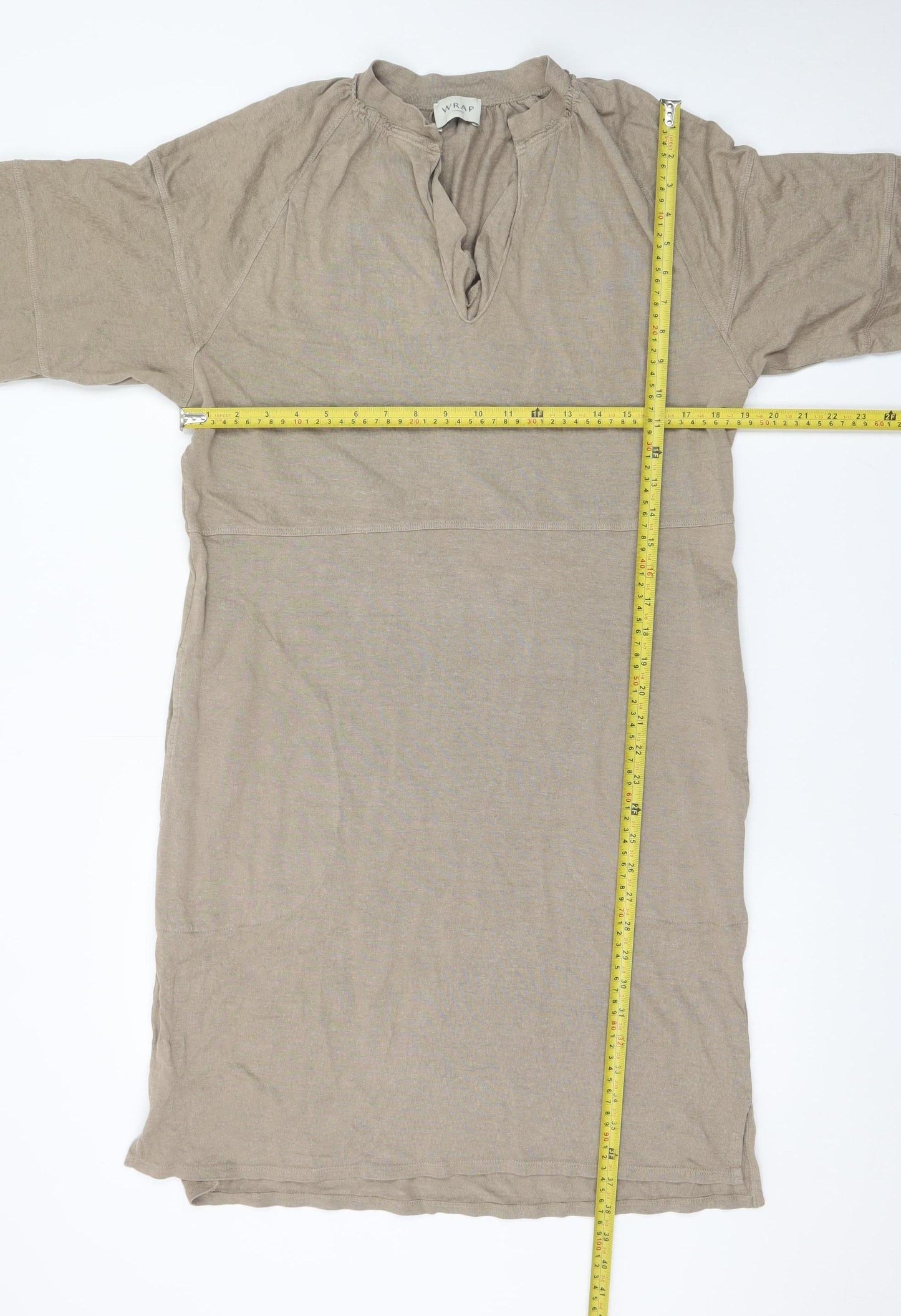 Wrap London Women Beige Midi Shift Dress UK 12 Hemp Cotton Summer