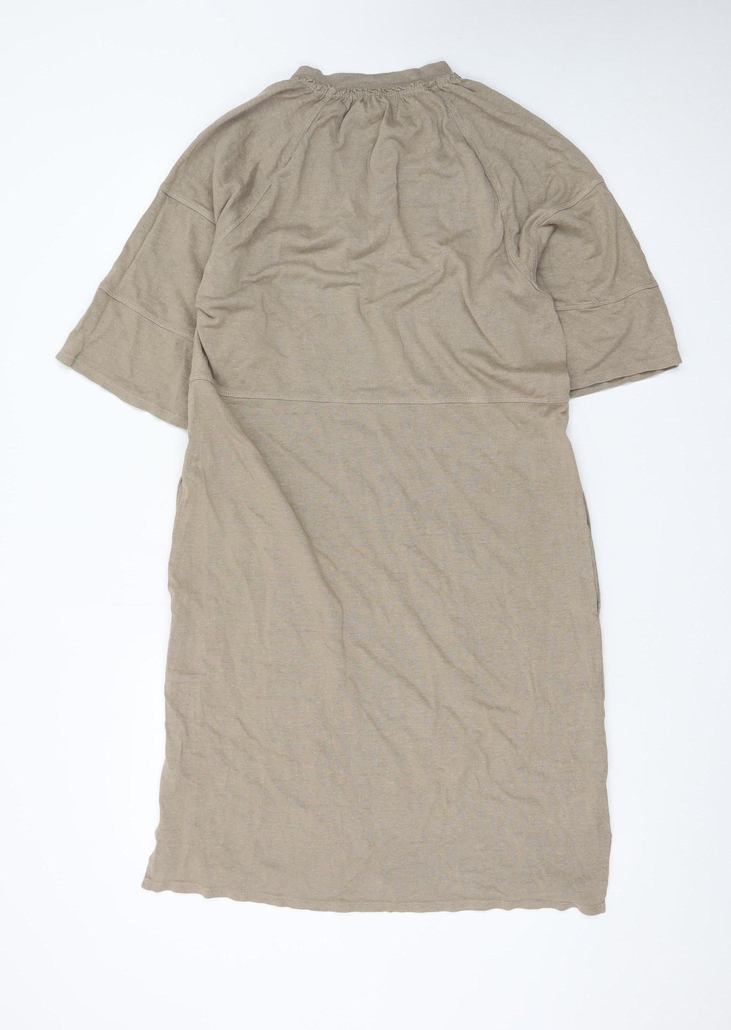 Wrap London Women Beige Midi Shift Dress UK 12 Hemp Cotton Summer