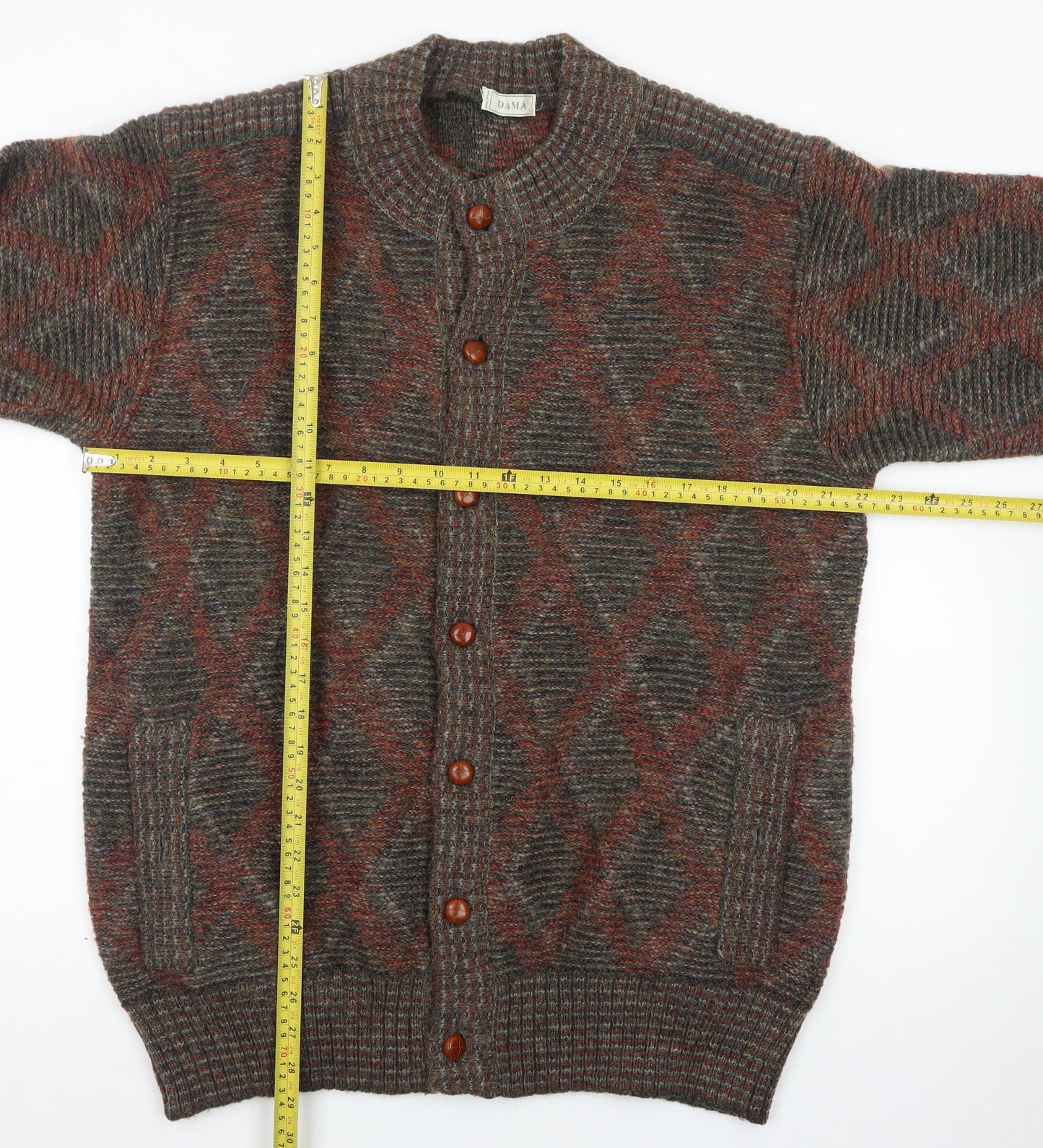 Dama Men's Brown Wool Argyle Cardigan Jumper Size M Vintage Italian Knit