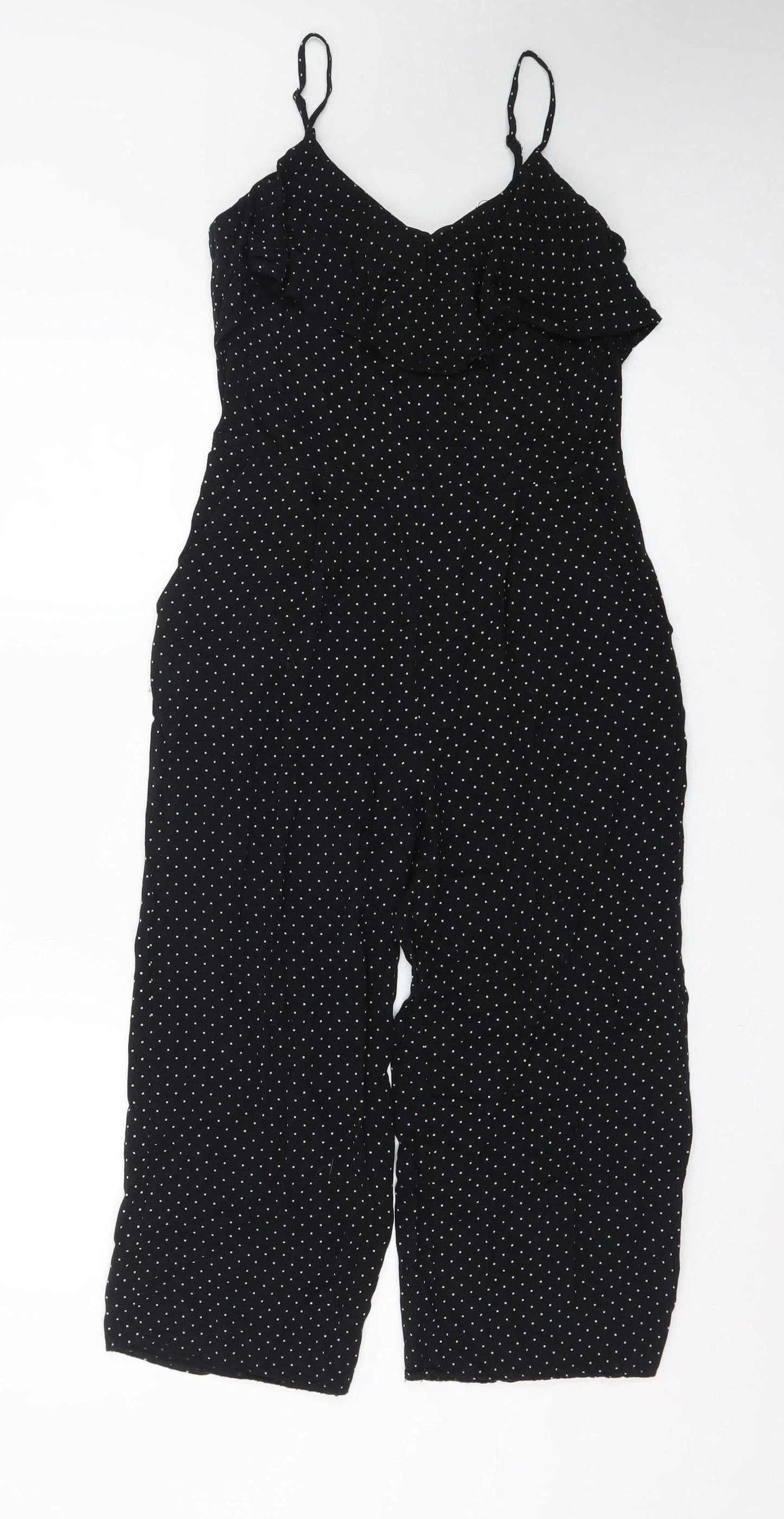 Oasis Women’s Black Polka Dot Ruffle Sleeveless Jumpsuit Size 8