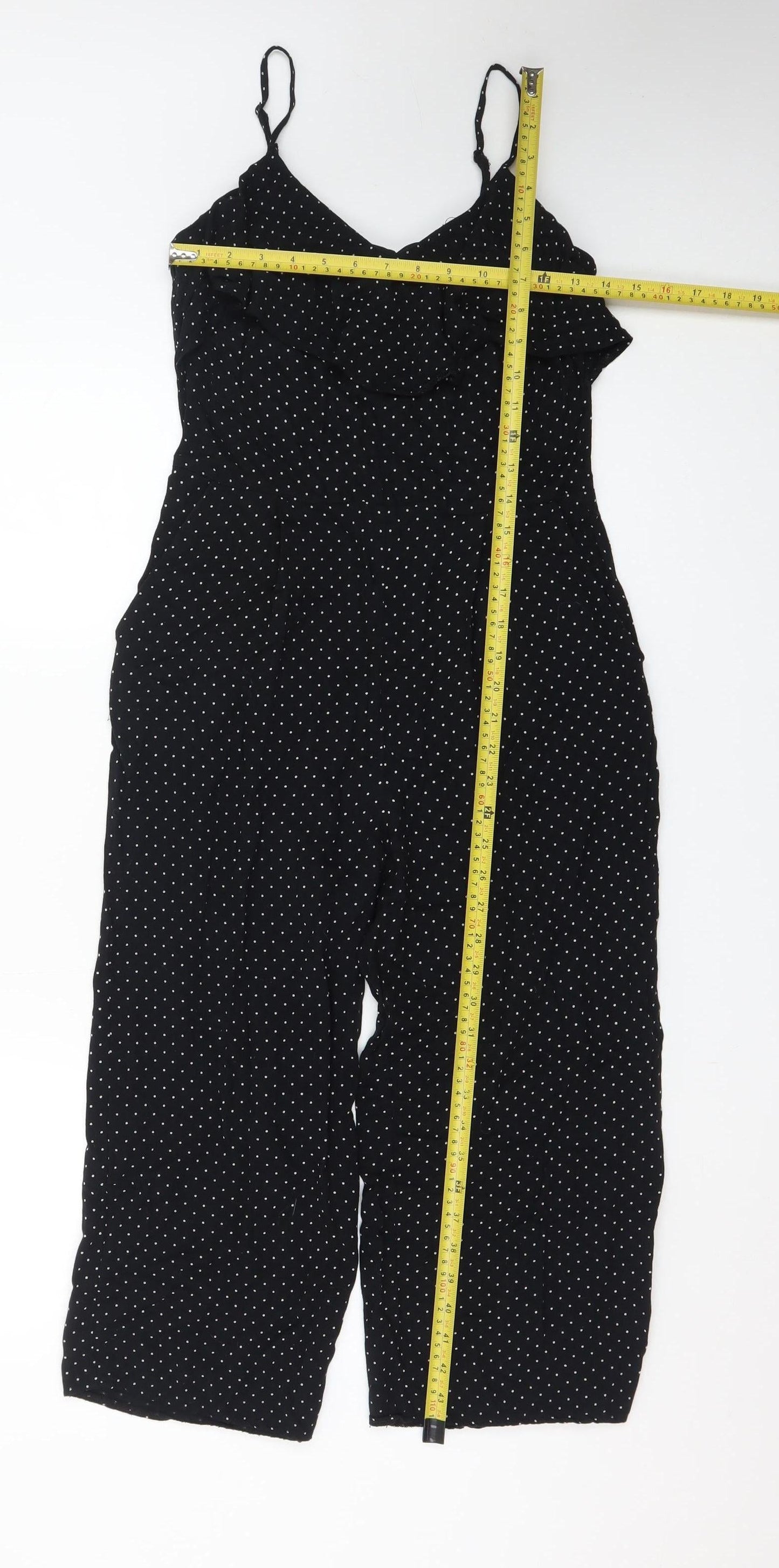 Oasis Women’s Black Polka Dot Ruffle Sleeveless Jumpsuit Size 8