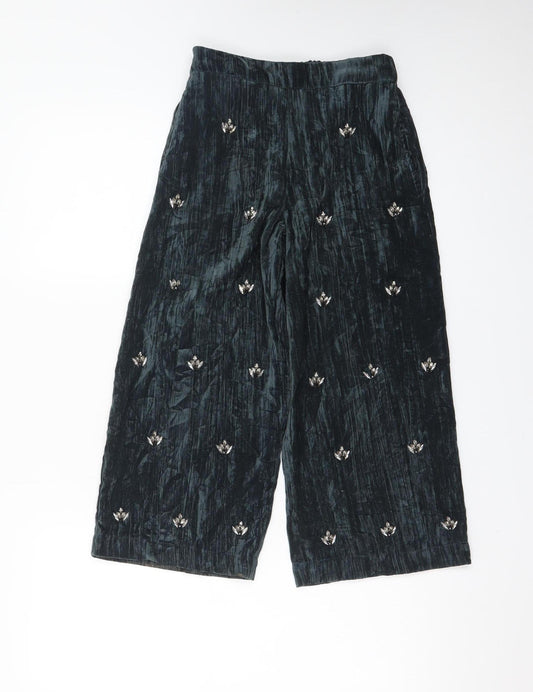 ZARA Girls Black Velvet Embellished Wide Leg Trousers Age 8 Years