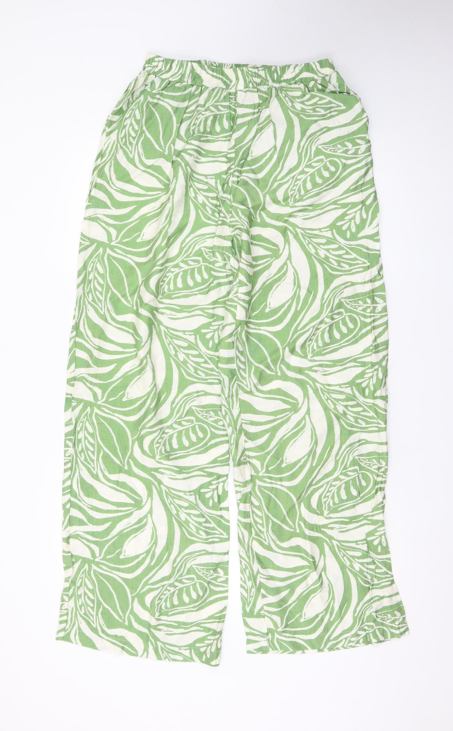 Flamant Rose Womens Green Leaf Print Wide-Leg Linen Trousers Size L