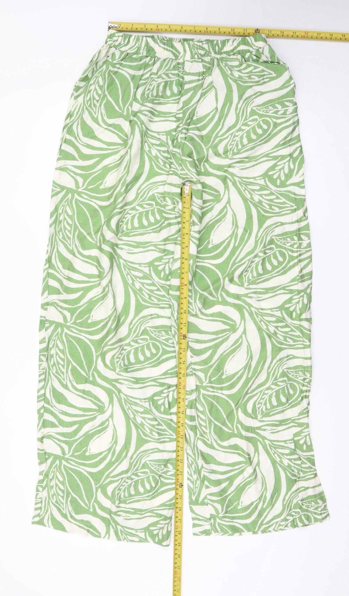 Flamant Rose Womens Green Leaf Print Wide-Leg Linen Trousers Size L