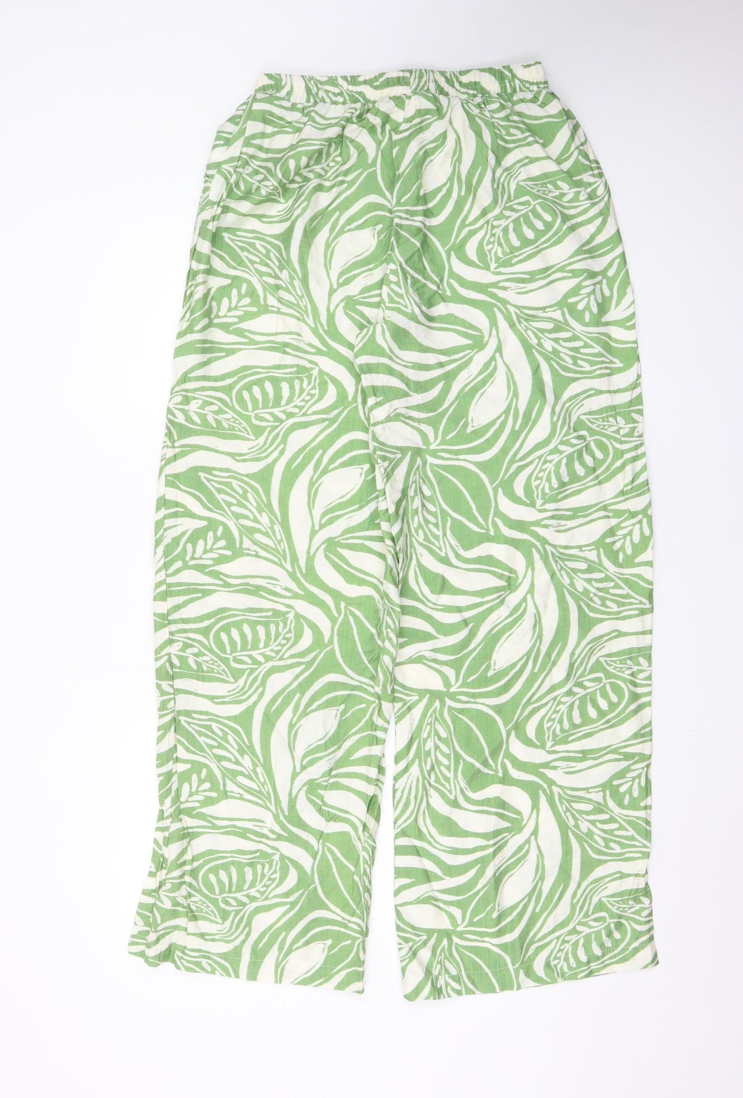 Flamant Rose Womens Green Leaf Print Wide-Leg Linen Trousers Size L