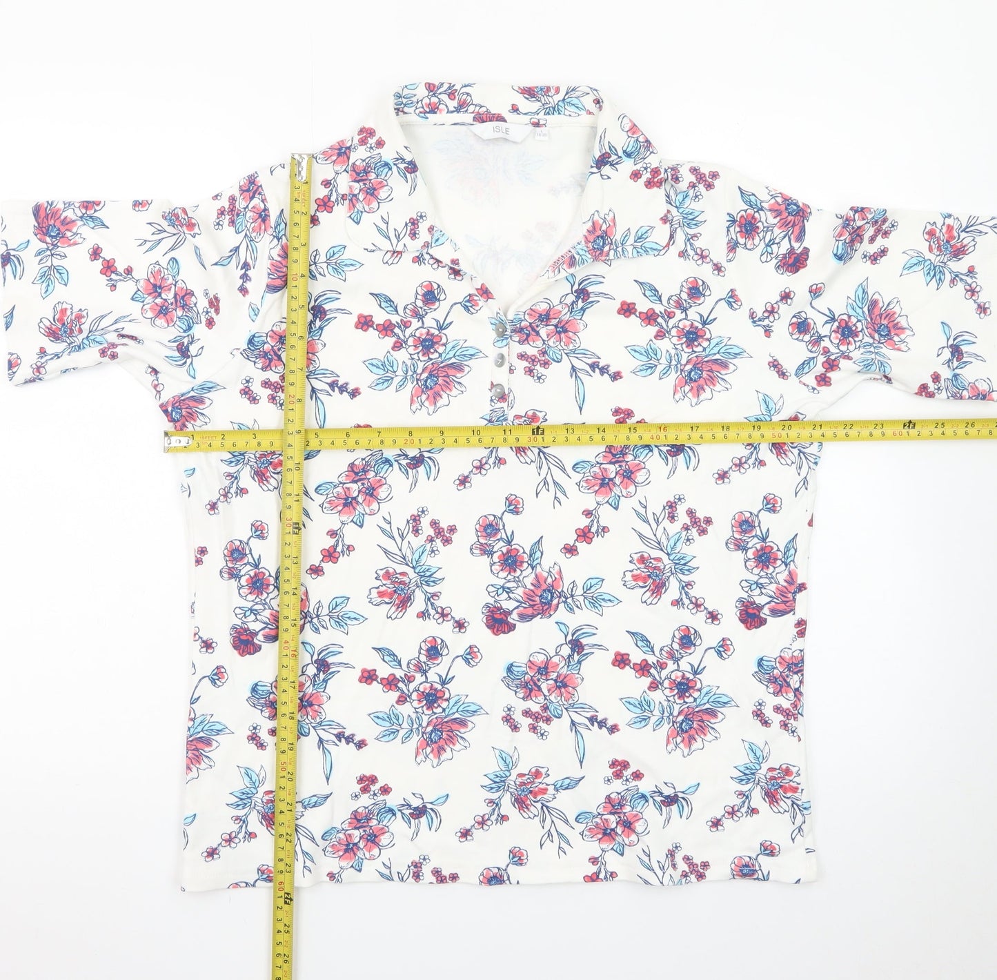 ISLE Womens Multicoloured Floral Collared Polo Shirt Size L 18-20