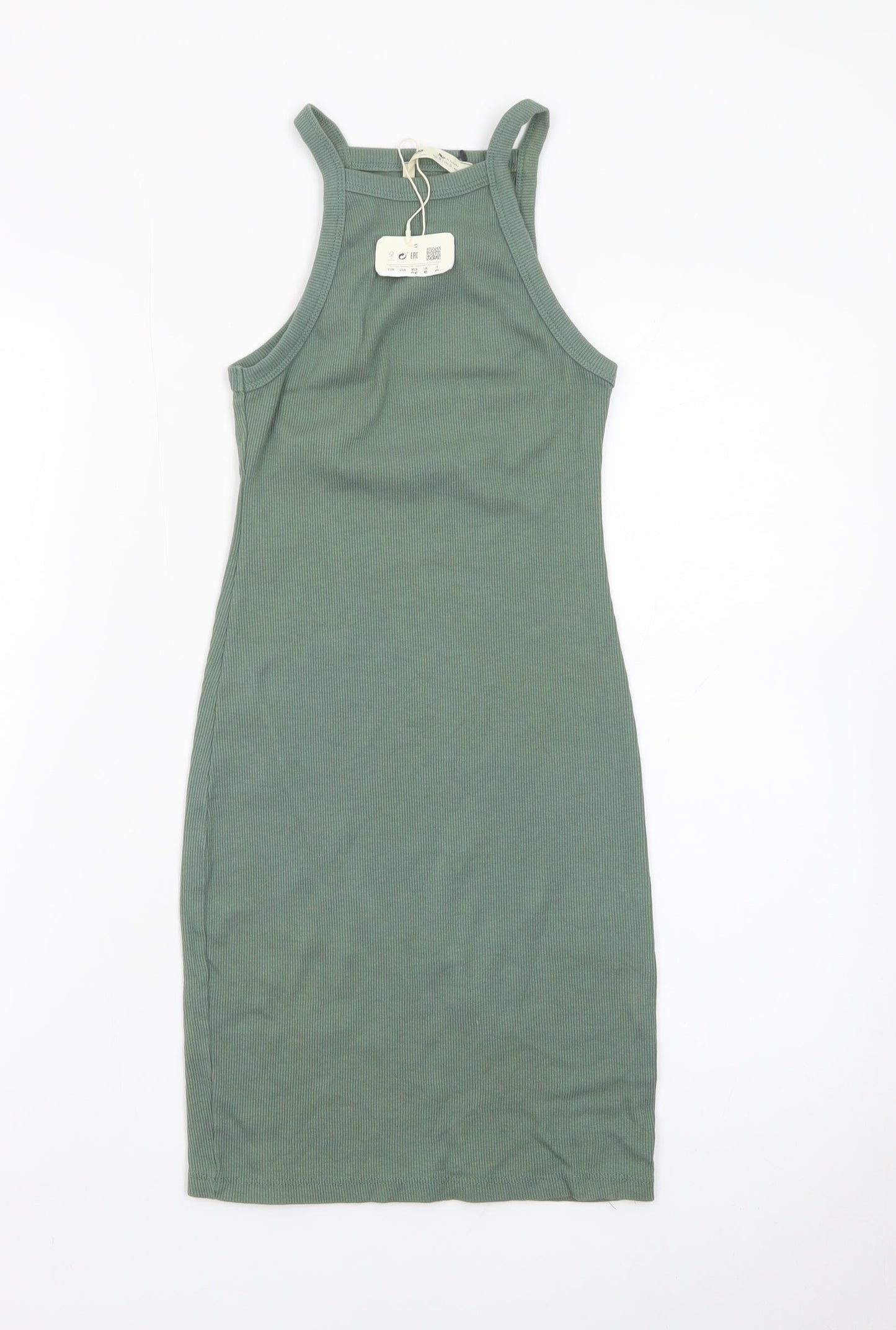 Pull & Bear Women Green S Ribbed Tank Dress Cotton Blend