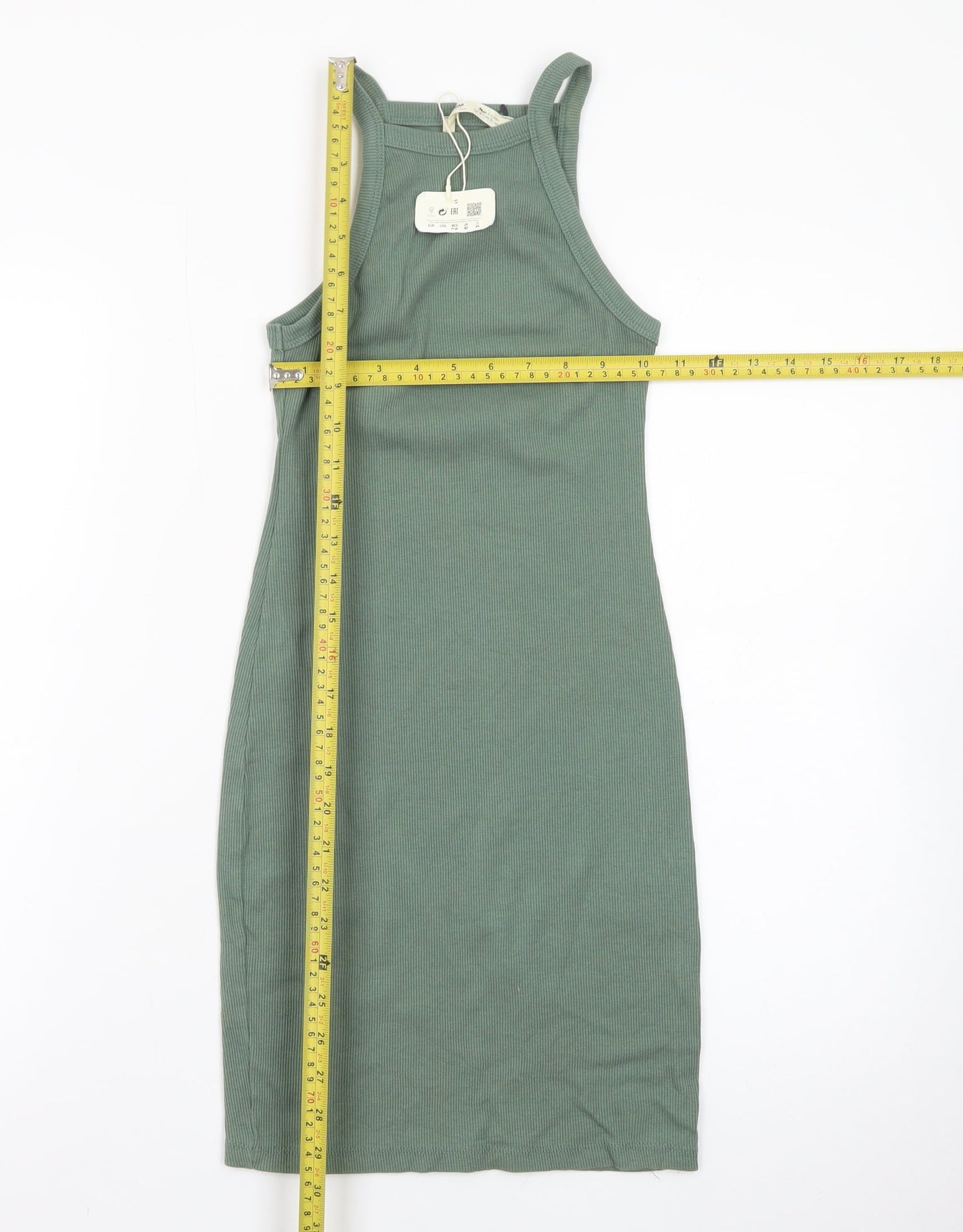 Pull & Bear Women Green S Ribbed Tank Dress Cotton Blend
