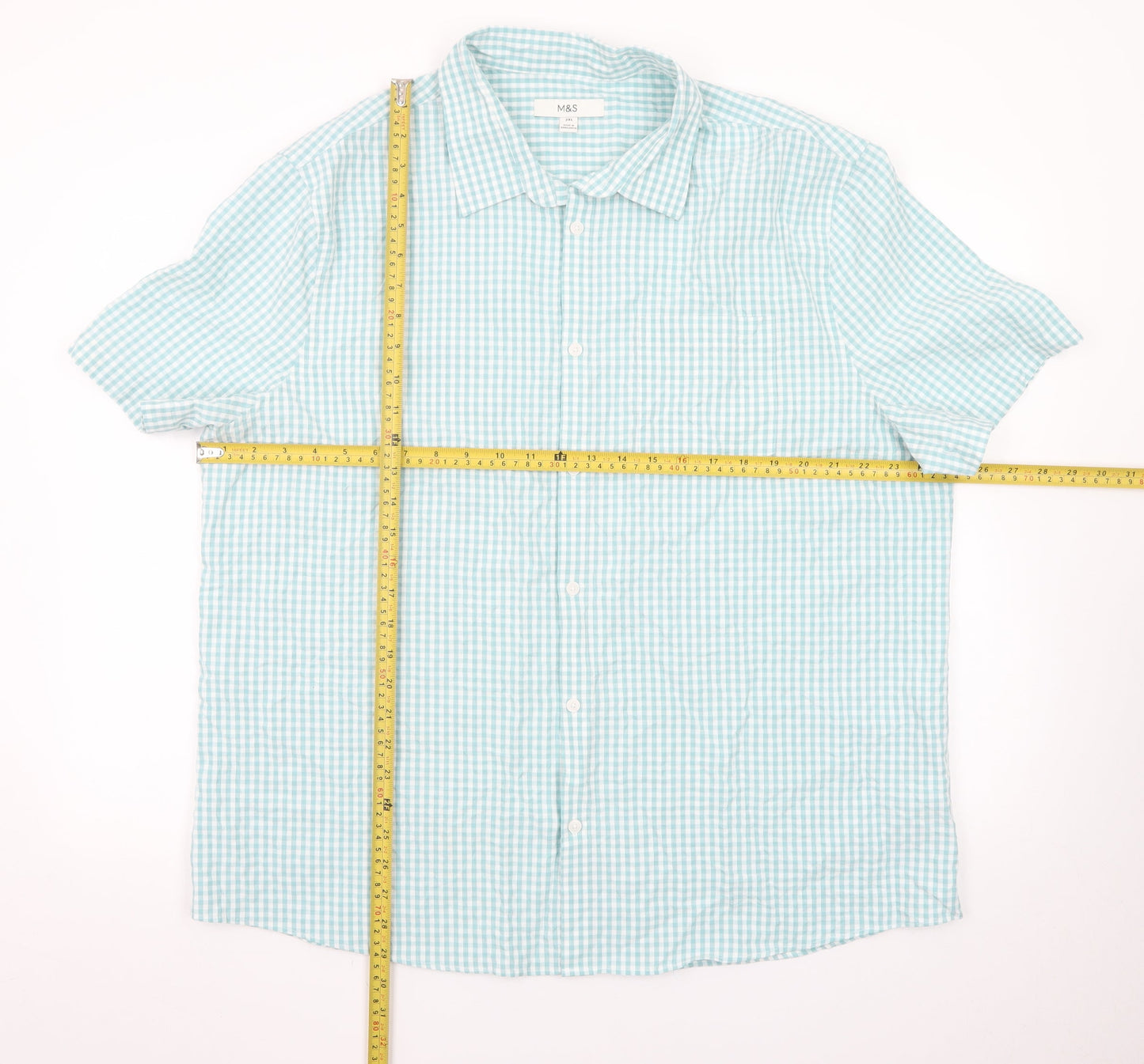 Marks and Spencer Men's Blue Check Short Sleeve Dress Shirt 2XL