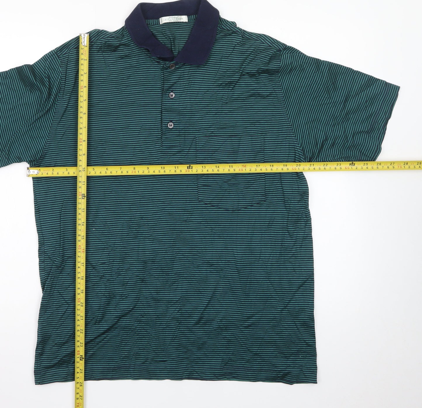 Marks and Spencer St Michael Green Striped Cotton Polo Shirt Men's M