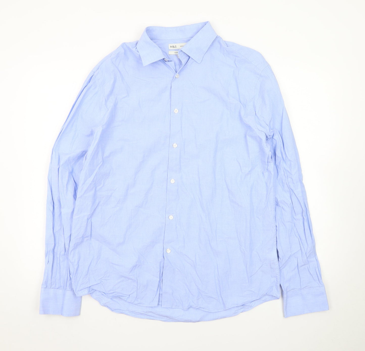 Marks and Spencer Men's Blue Regular Fit Pure Cotton Long Sleeve Dress Shirt L