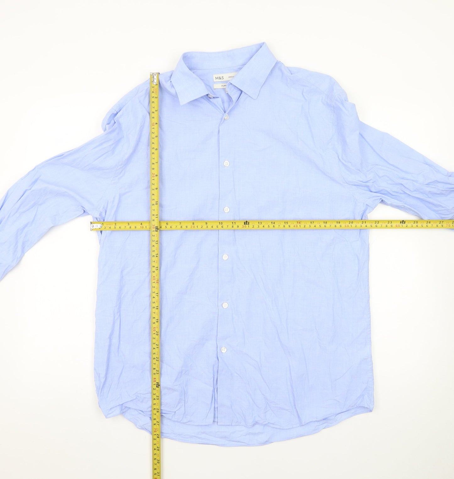 Marks and Spencer Men's Blue Regular Fit Pure Cotton Long Sleeve Dress Shirt L