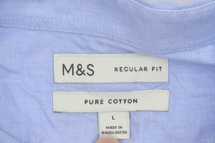 Marks and Spencer Men's Blue Regular Fit Pure Cotton Long Sleeve Dress Shirt L