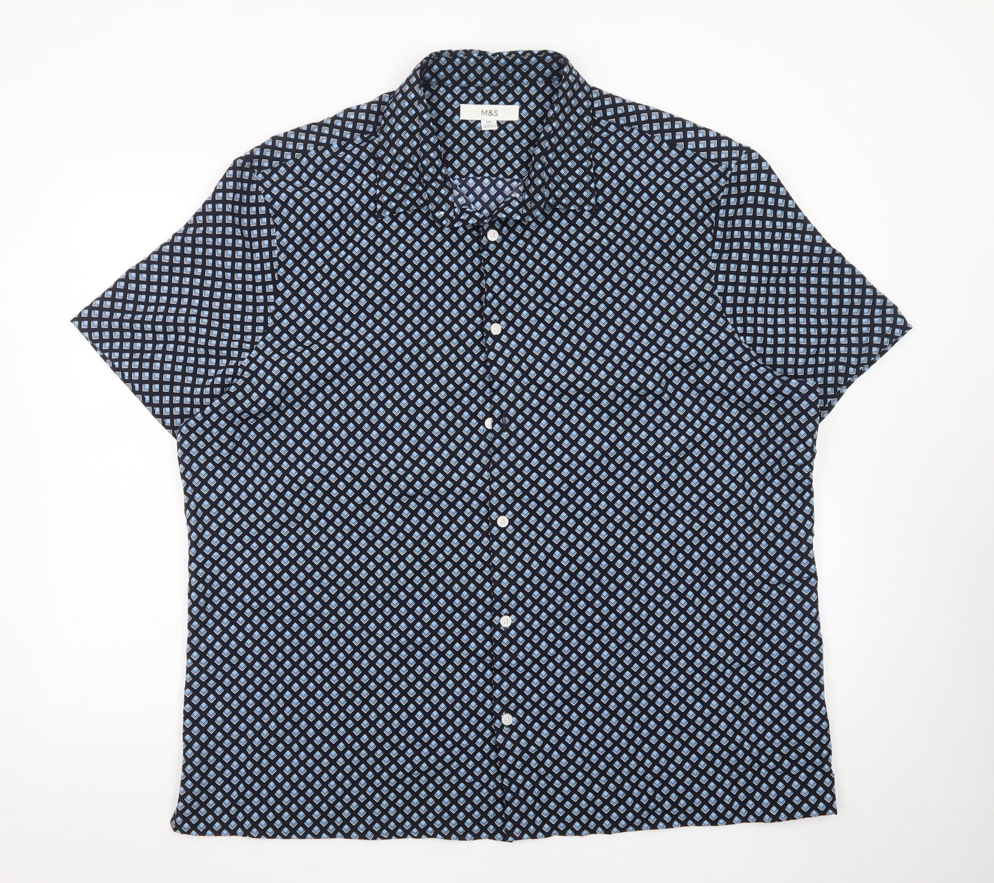 Marks and Spencer Men's Blue Geometric Short Sleeve 2XL Dress Shirt