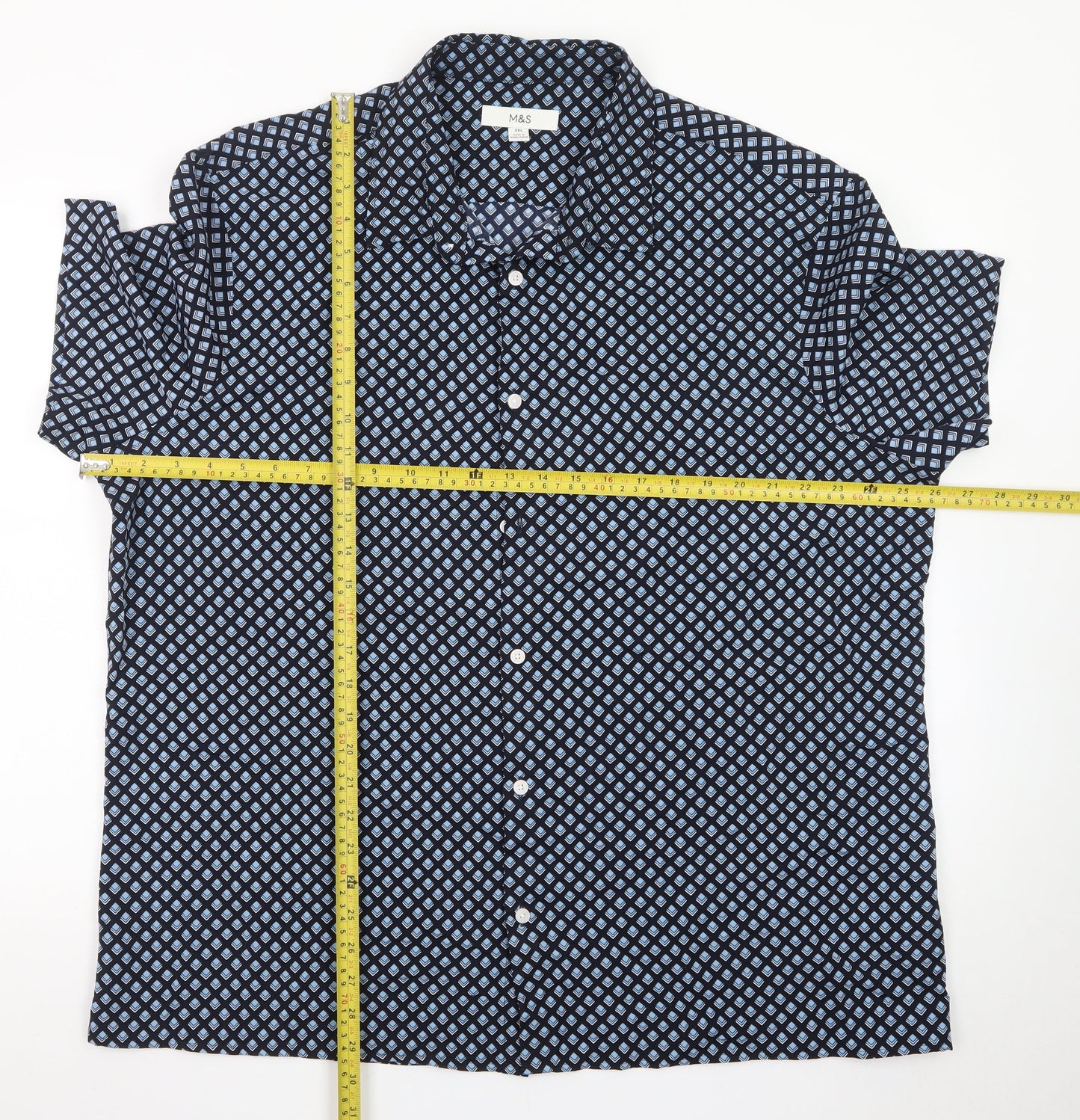 Marks and Spencer Men's Blue Geometric Short Sleeve 2XL Dress Shirt