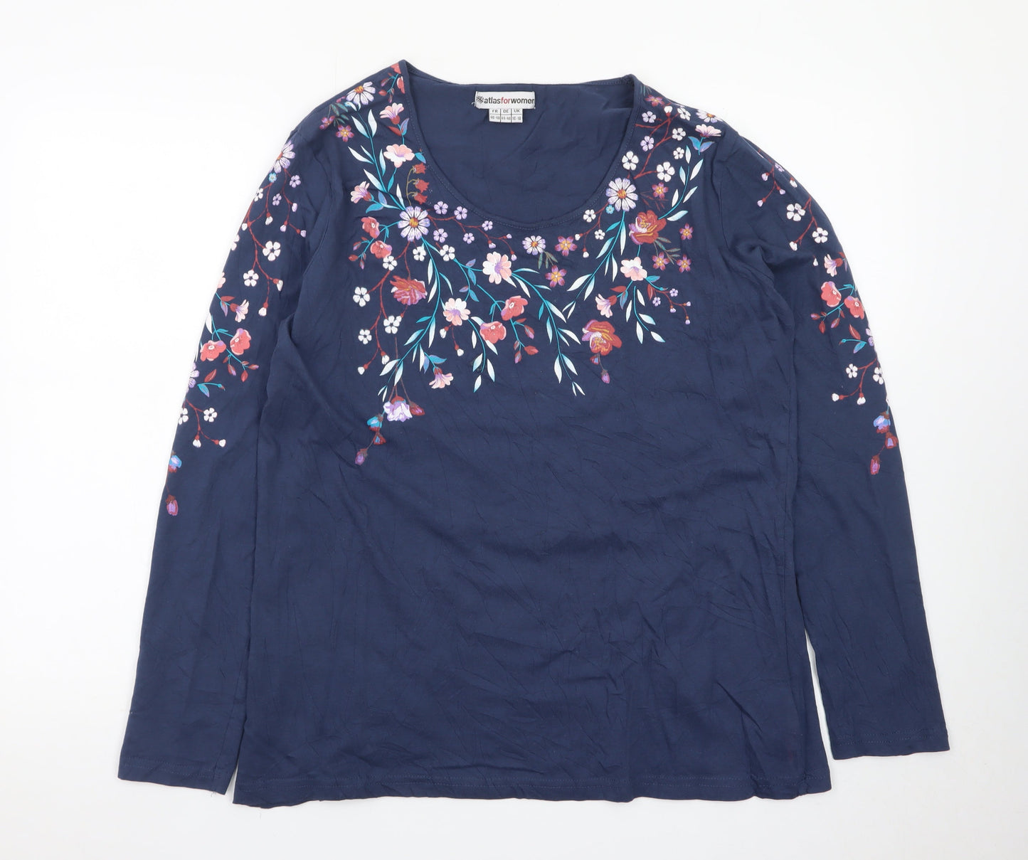 Atlas For Women Blue Floral Embroidered Cotton Long Sleeve T-Shirt UK 16-18