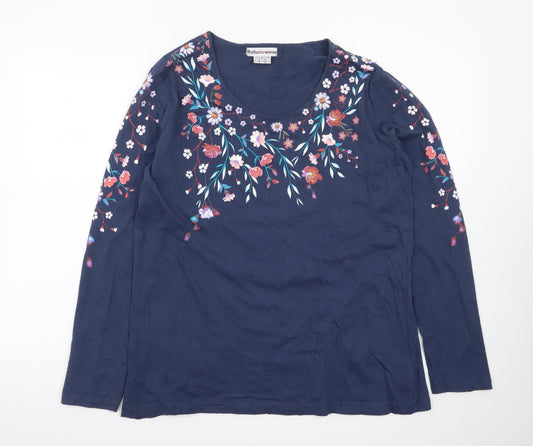 Atlas For Women Blue Floral Embroidered Cotton Long Sleeve T-Shirt UK 16-18
