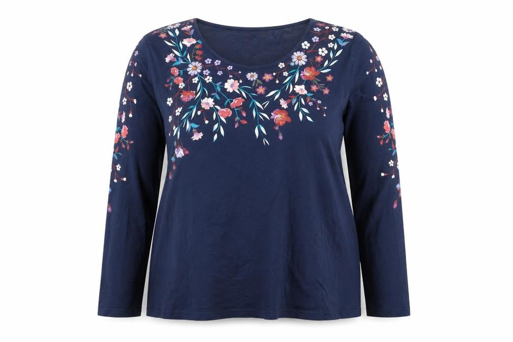 Atlas For Women Blue Floral Embroidered Cotton Long Sleeve T-Shirt UK 16-18