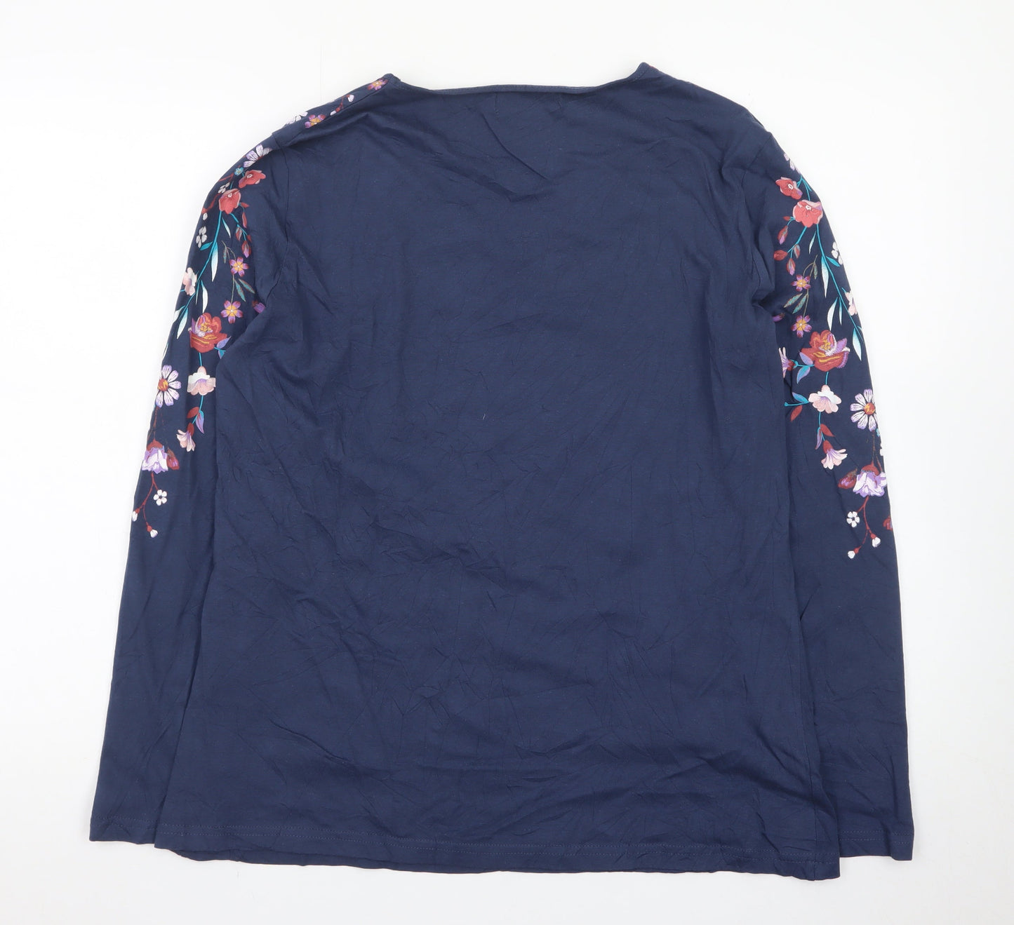 Atlas For Women Blue Floral Embroidered Cotton Long Sleeve T-Shirt UK 16-18