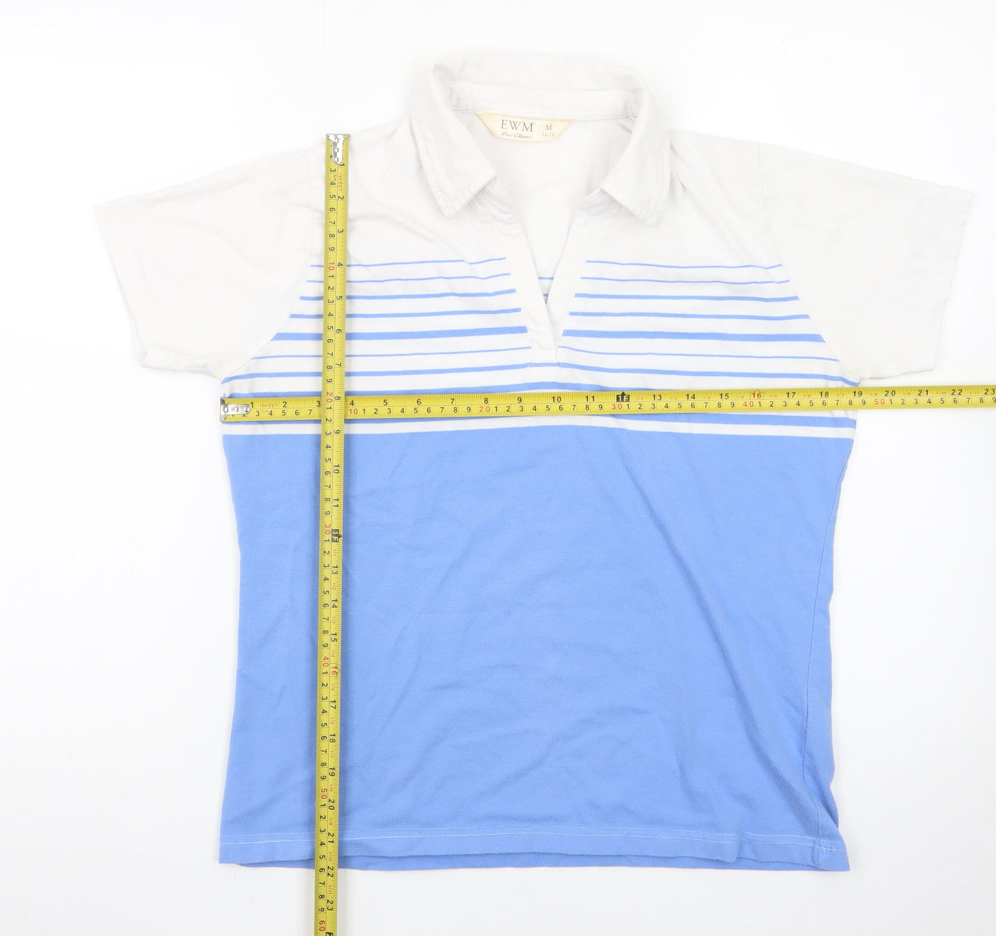 EWM Womens Blue White Striped Polo Shirt Size 14-16 Classic Fit