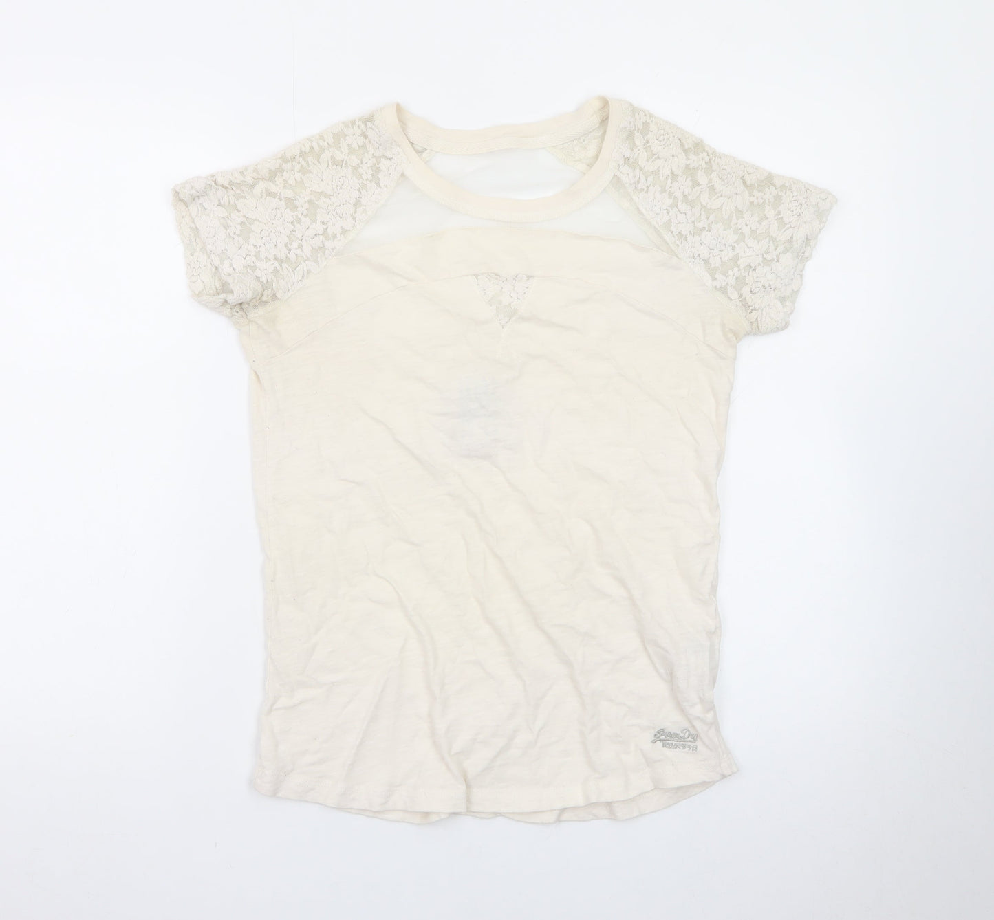 Superdry Women's Beige Lace Sleeve Short Sleeve T-Shirt Medium