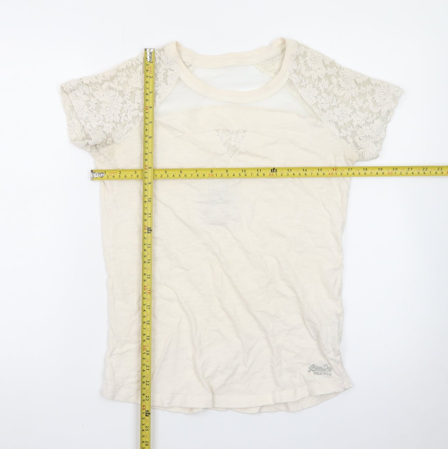 Superdry Women's Beige Lace Sleeve Short Sleeve T-Shirt Medium