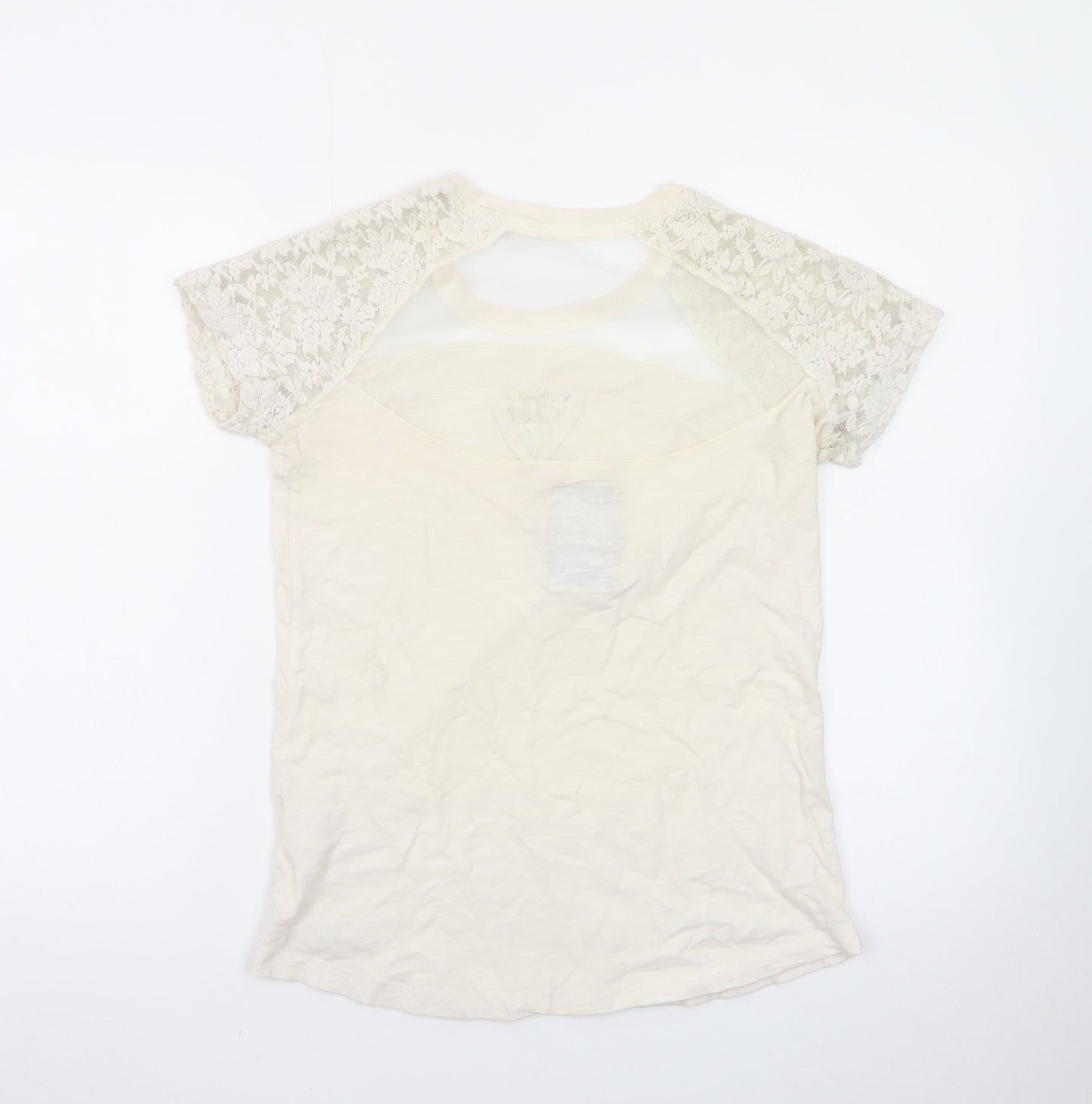 Superdry Women's Beige Lace Sleeve Short Sleeve T-Shirt Medium