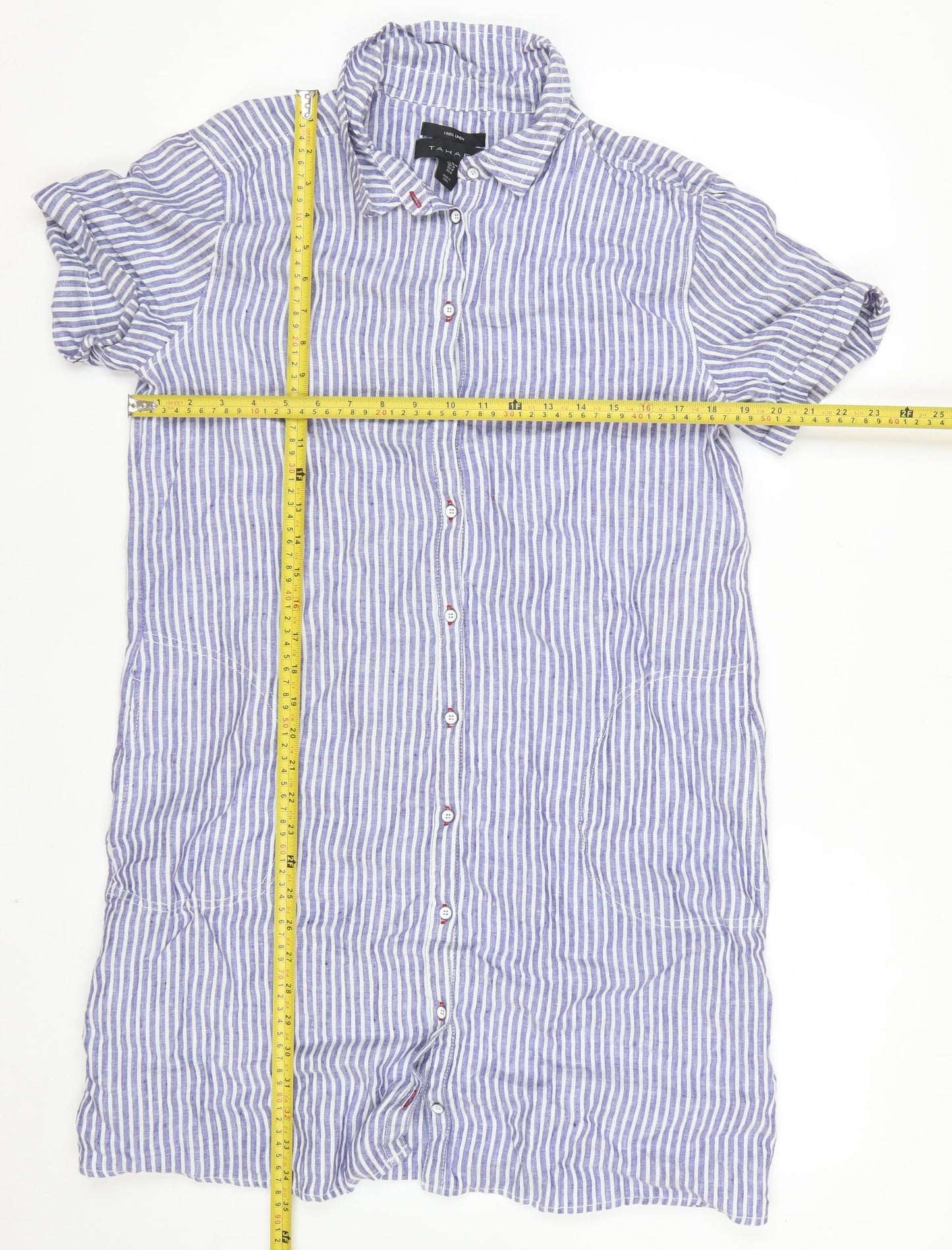 Tahari Womens Blue Striped Linen Shirt Dress Medium