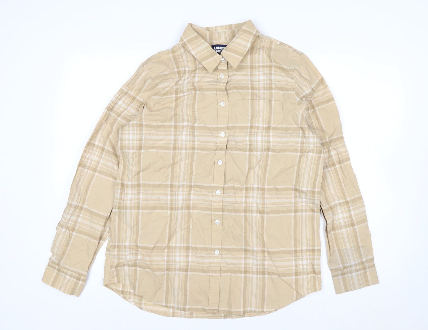 Lands' End Men's Beige Check Button-Up Cotton Shirt M