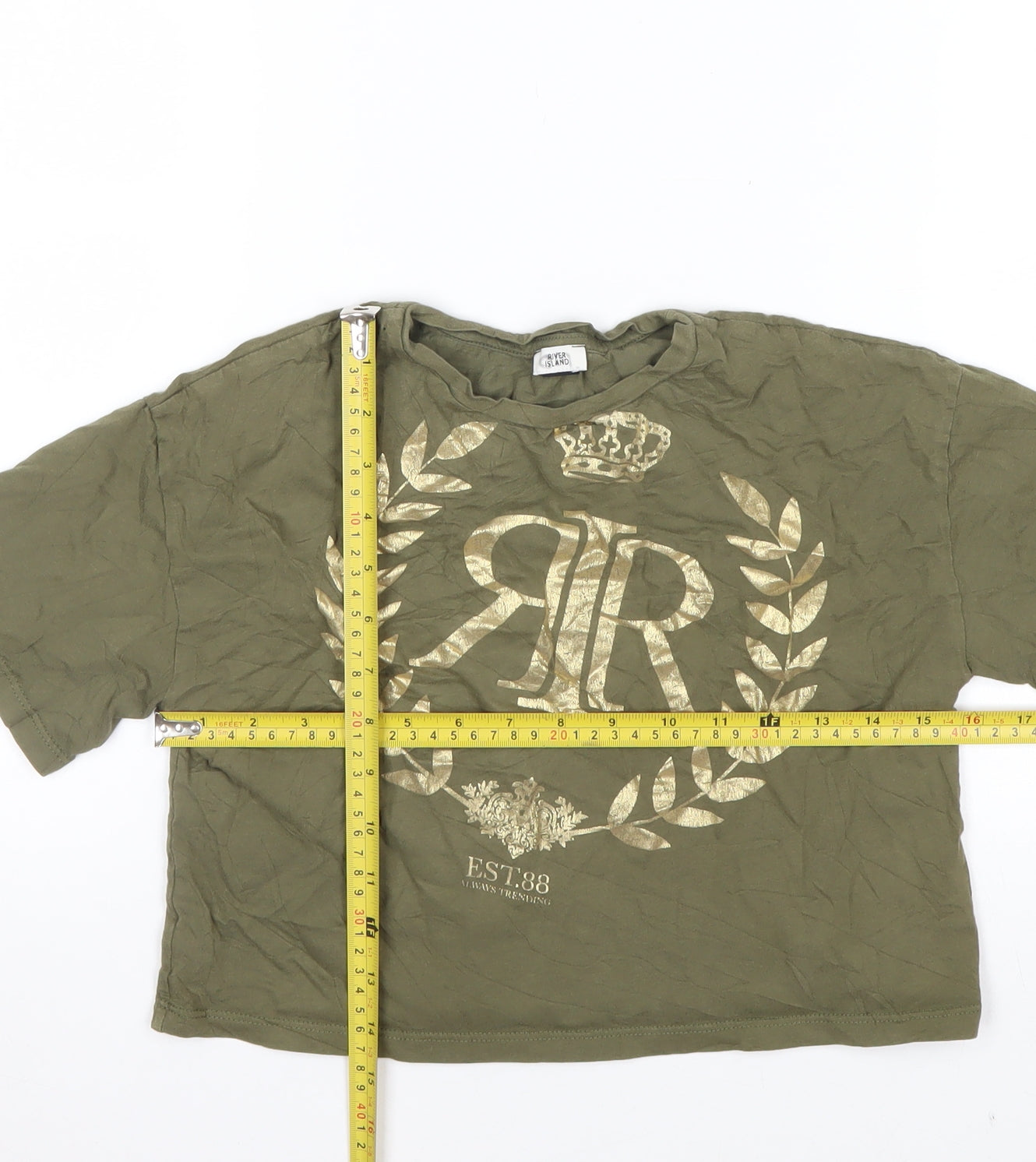 River Island Girls Khaki Gold Print Short Sleeve T-Shirt 9-10 Years