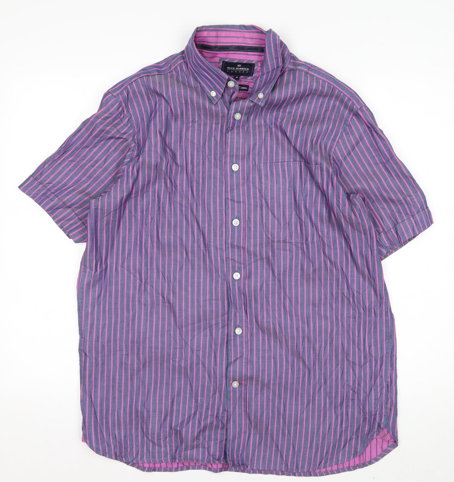 Blue Harbour Men's Blue Striped Short Sleeve Cotton Button-Up Shirt M