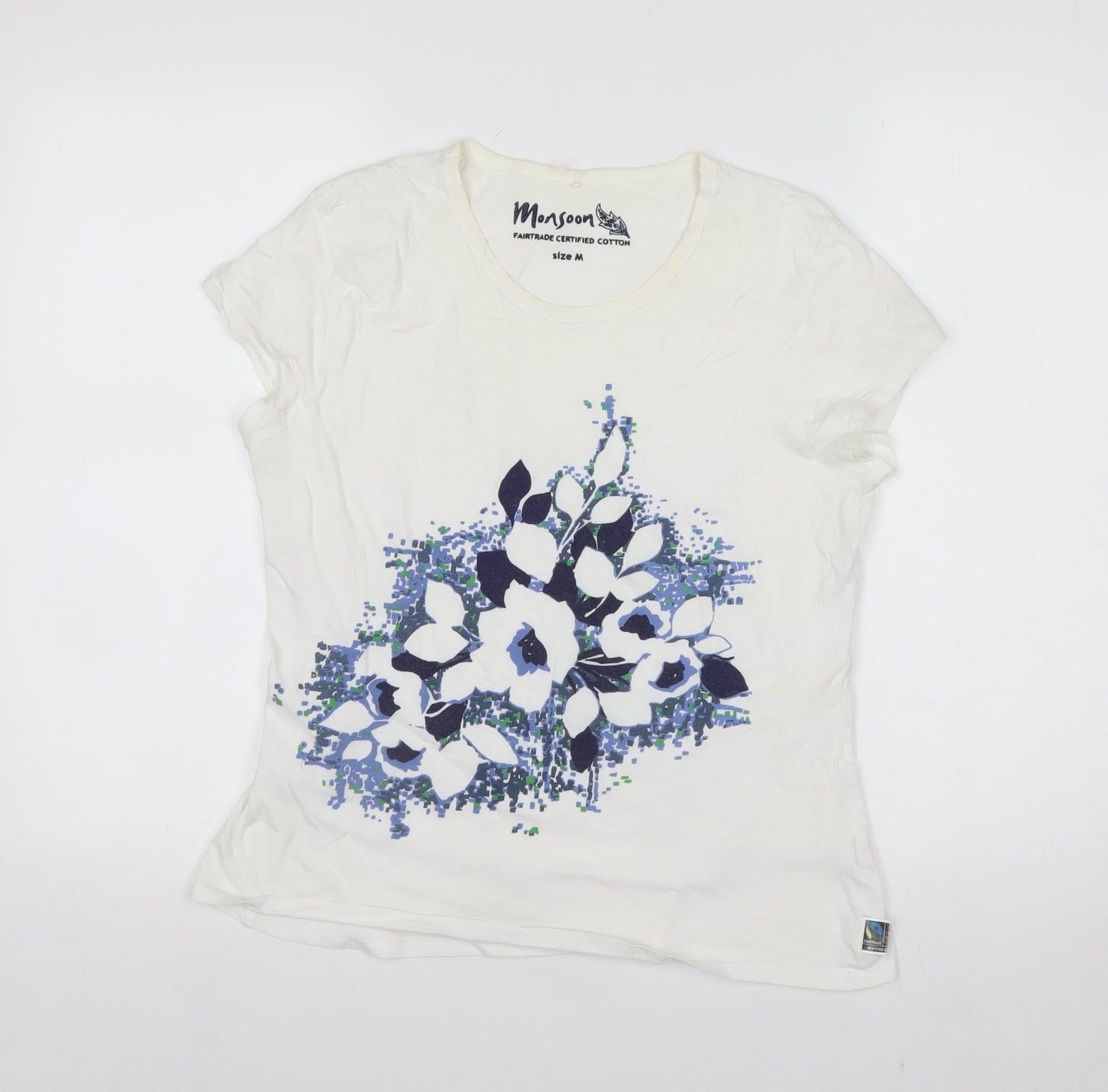 Monsoon Womens White Floral Short Sleeve T-Shirt M Fairtrade Cotton
