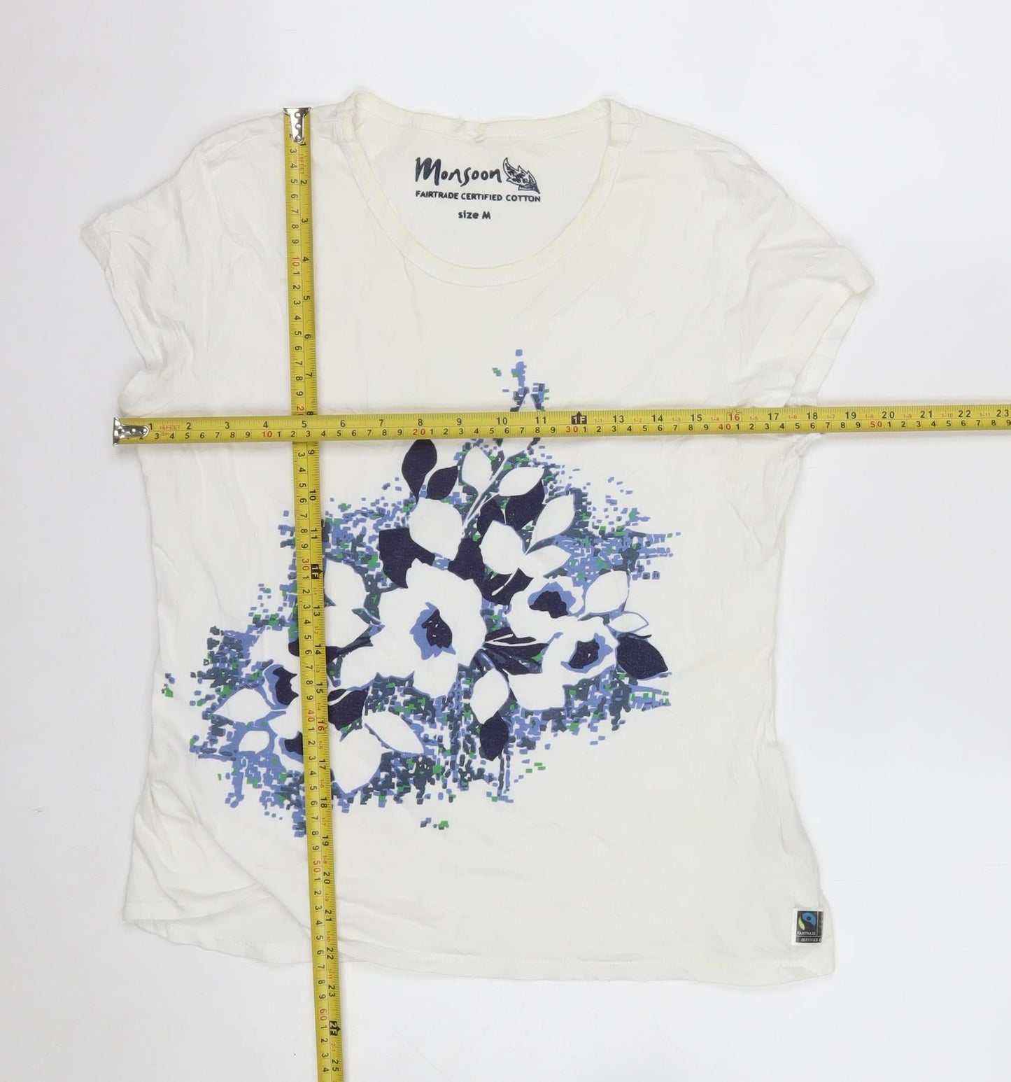 Monsoon Womens White Floral Short Sleeve T-Shirt M Fairtrade Cotton
