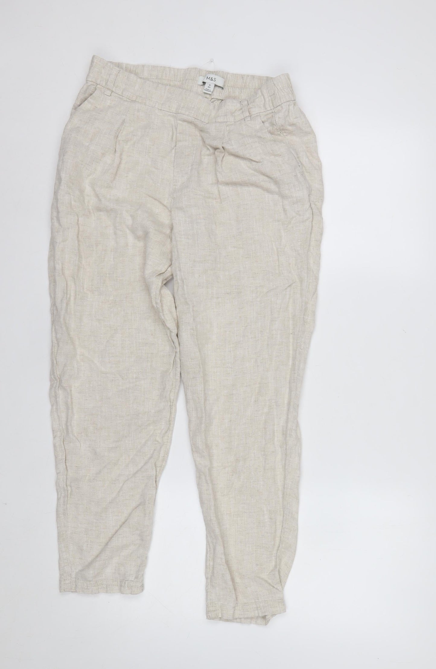 Marks and Spencer Women Beige Linen Tapered Casual Trousers Size 14