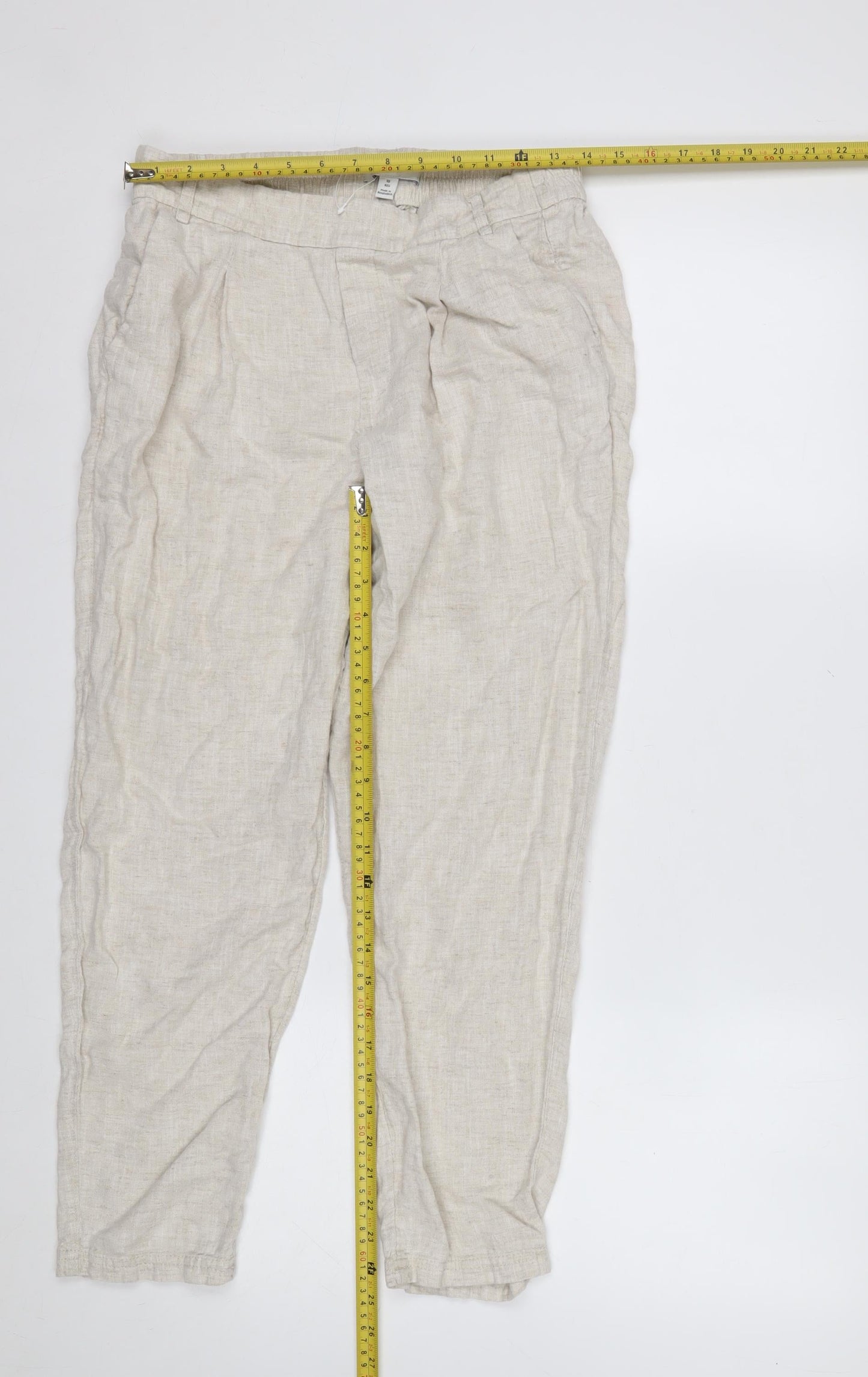 Marks and Spencer Women Beige Linen Tapered Casual Trousers Size 14