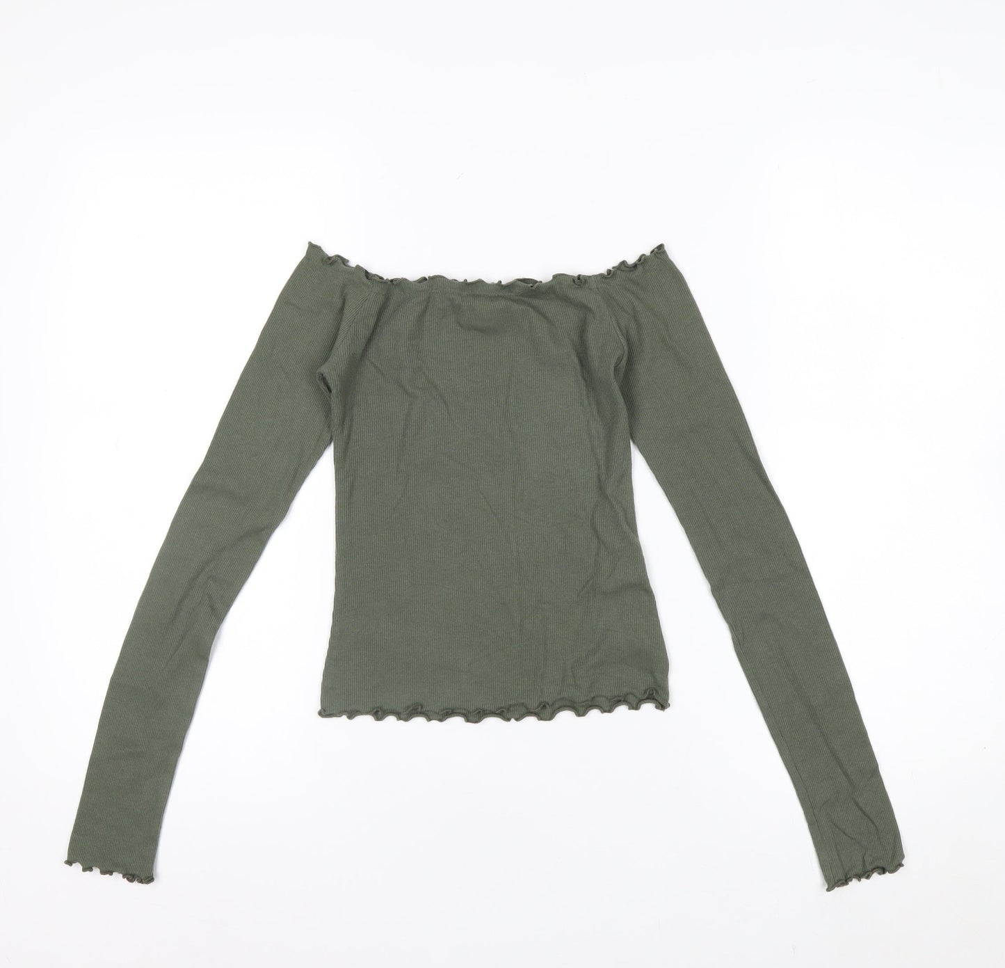 Hollister Women’s Green Off Shoulder Ribbed Cropped Long Sleeve Top XS