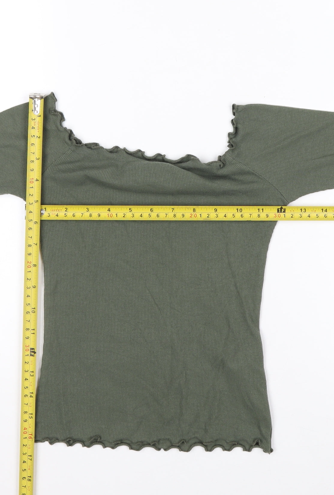 Hollister Women’s Green Off Shoulder Ribbed Cropped Long Sleeve Top XS