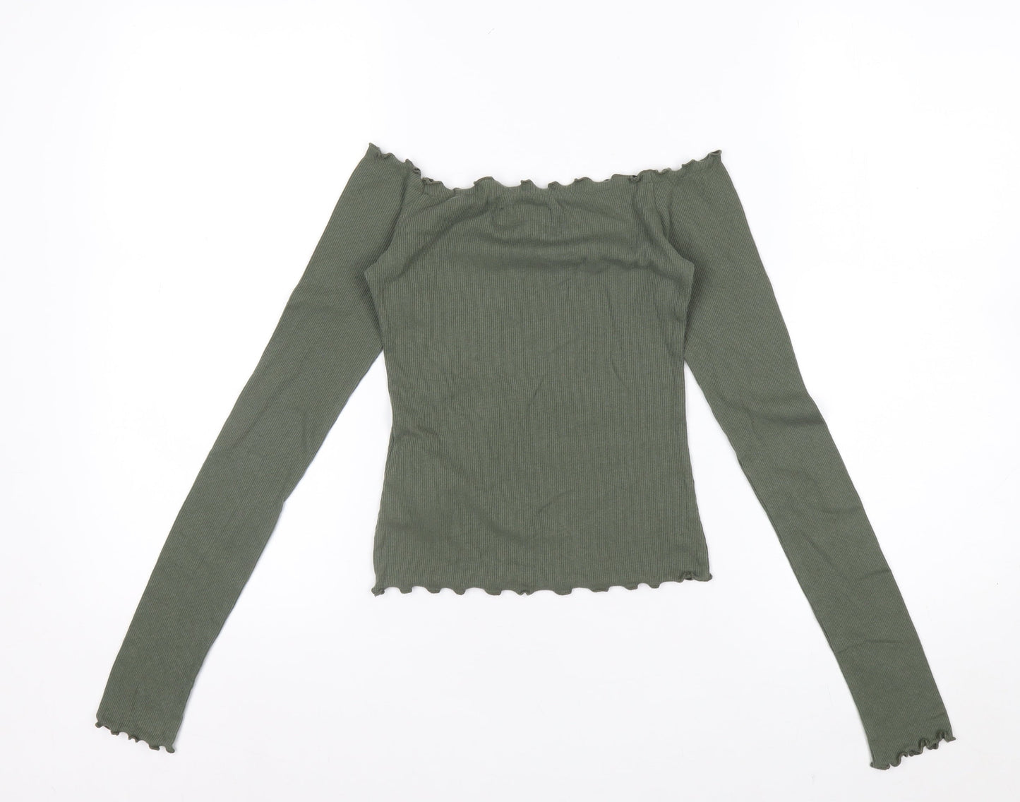 Hollister Women’s Green Off Shoulder Ribbed Cropped Long Sleeve Top XS