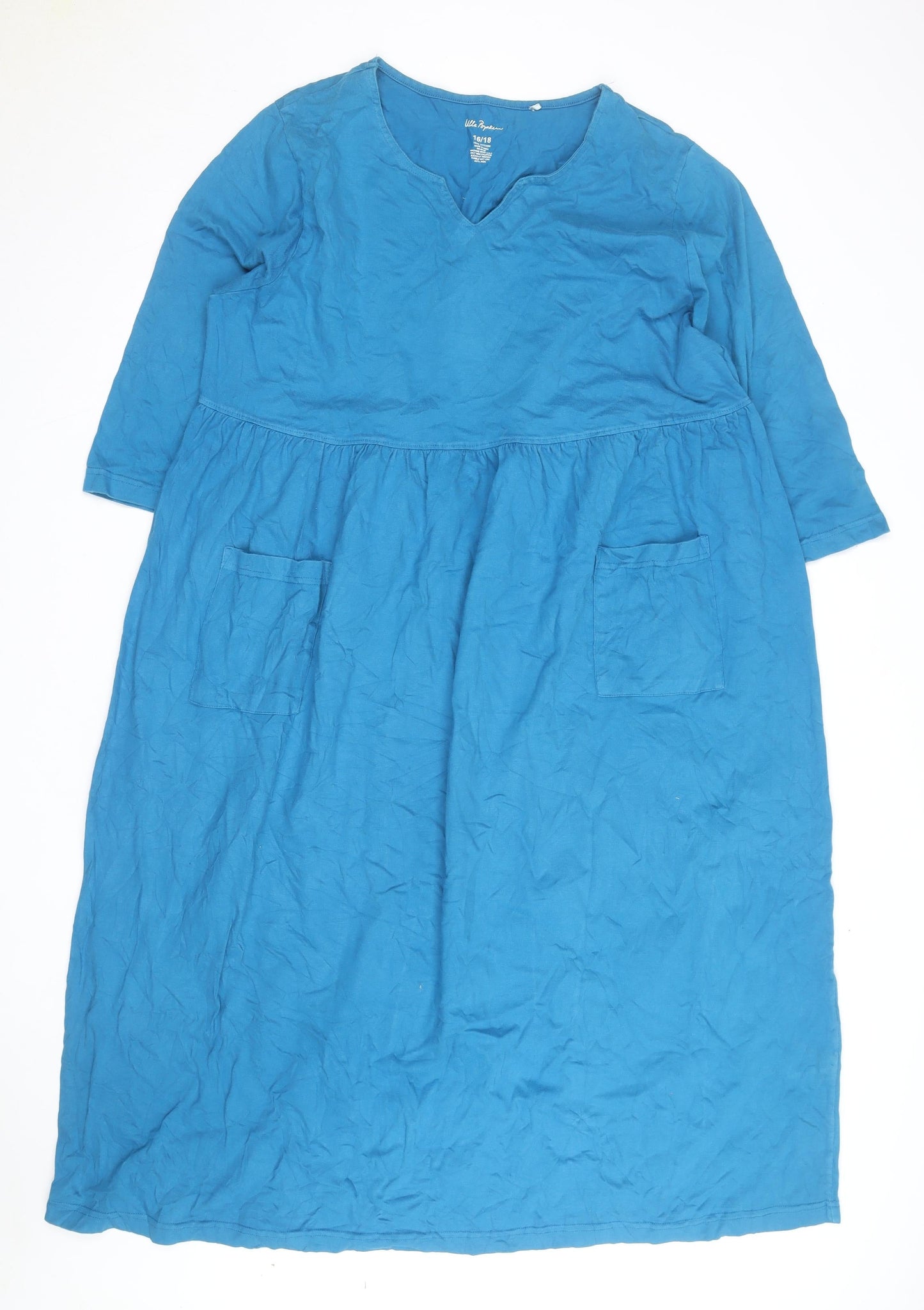 Ulla Popken Women Blue 16-18 V-Neck Cotton Knee Length Shift Dress