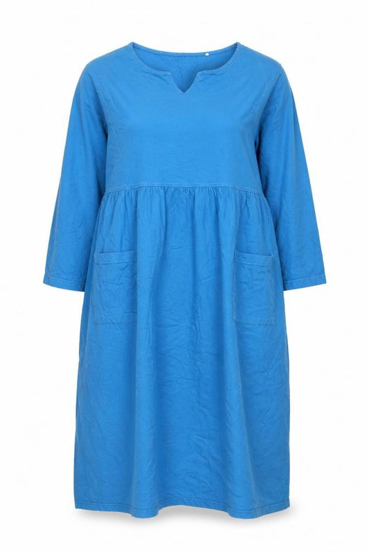 Ulla Popken Women Blue 16-18 V-Neck Cotton Knee Length Shift Dress