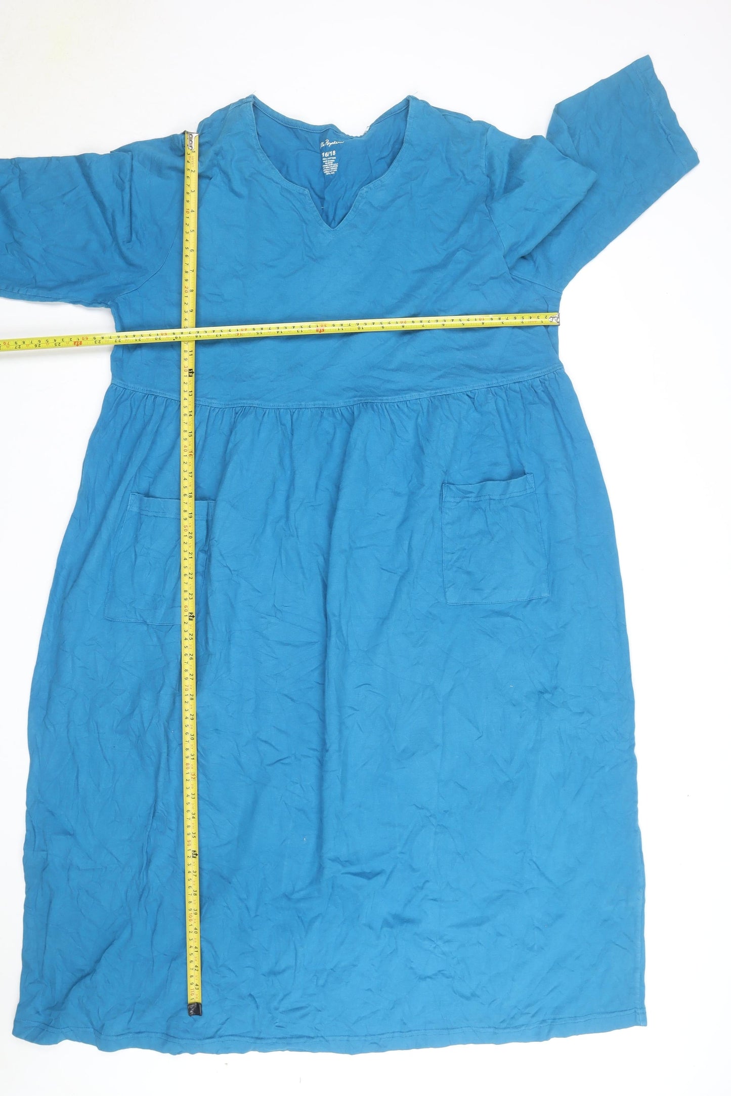 Ulla Popken Women Blue 16-18 V-Neck Cotton Knee Length Shift Dress