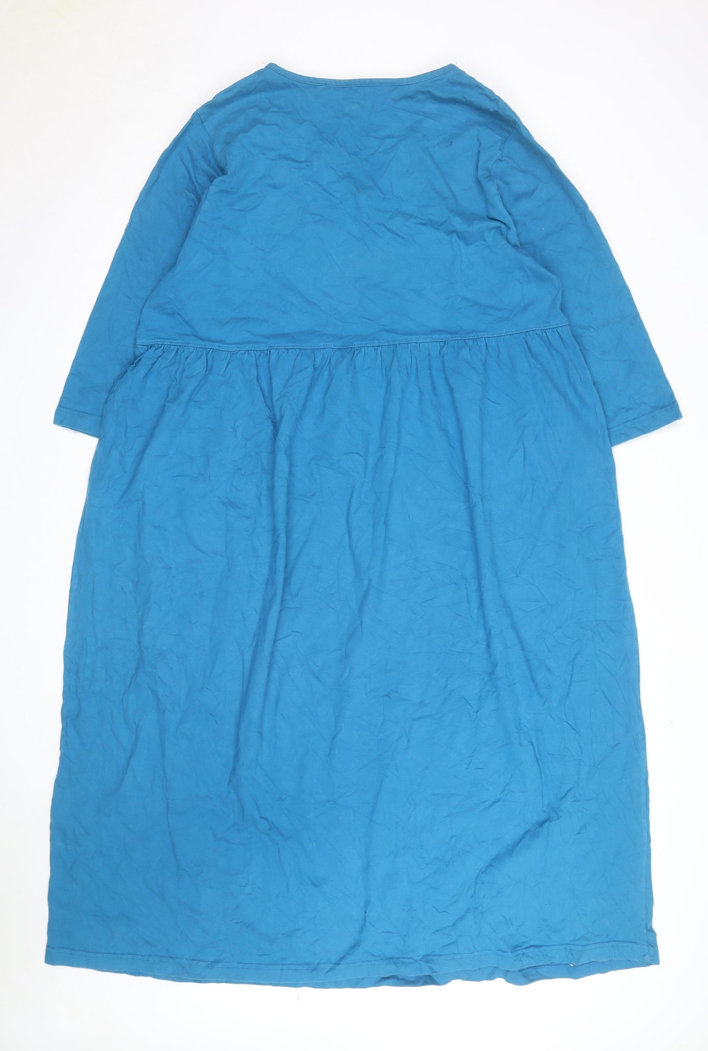 Ulla Popken Women Blue 16-18 V-Neck Cotton Knee Length Shift Dress