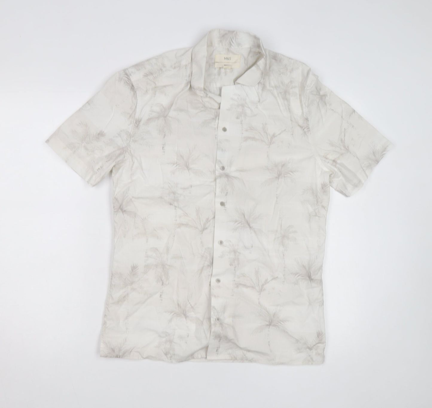 Marks and Spencer Men's Beige Tropical Short Sleeve Button-Up Shirt S